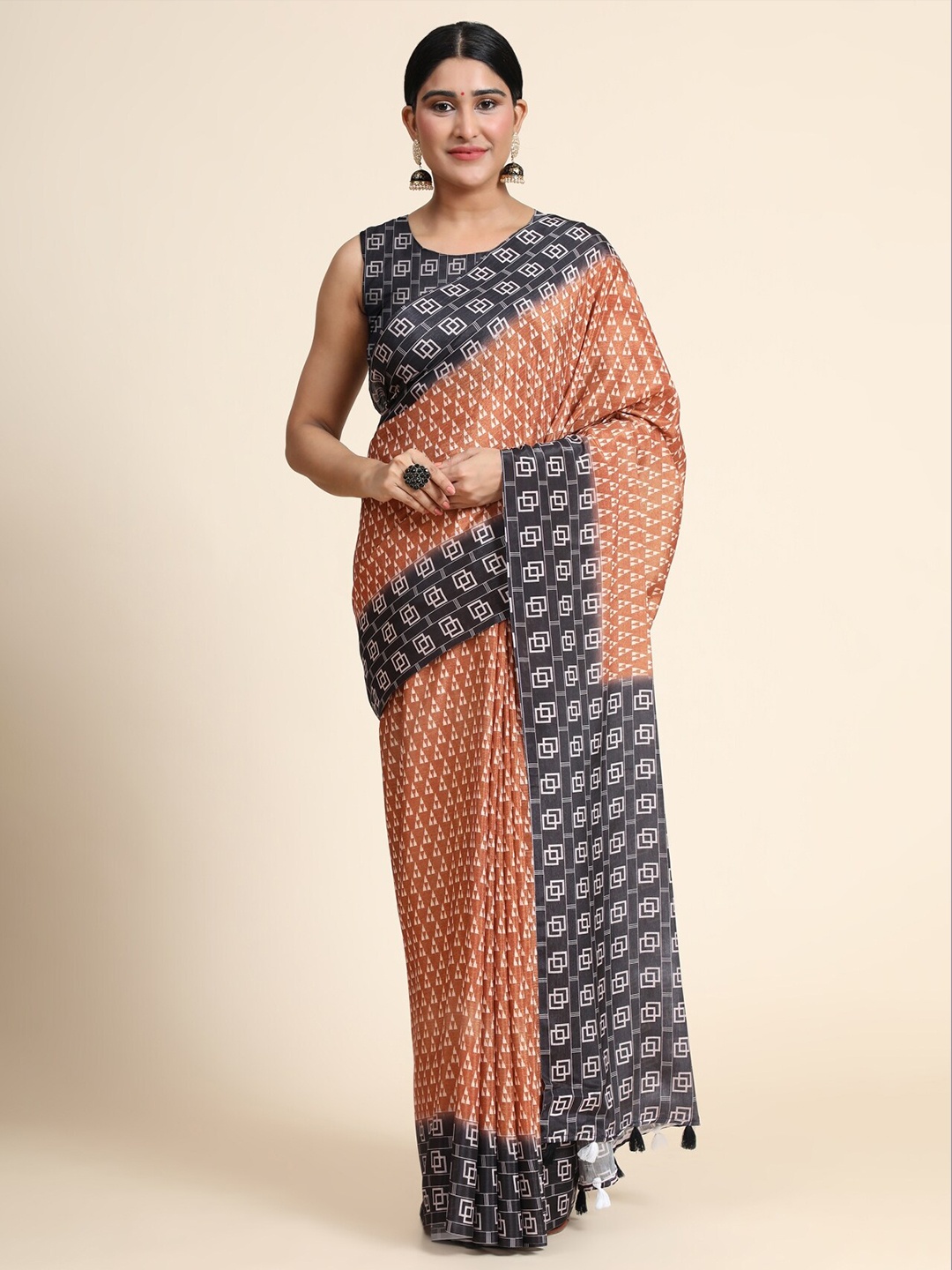 

OFFIRA TEX WORLD Brown Linen Blend Chanderi Saree