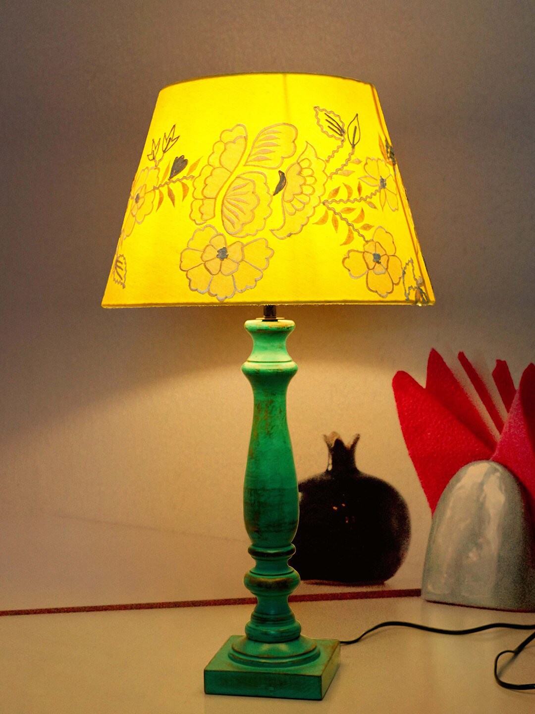 

Fos Lighting Green & Yellow Embroidered Wooden Table Lamp With Fabric Shade