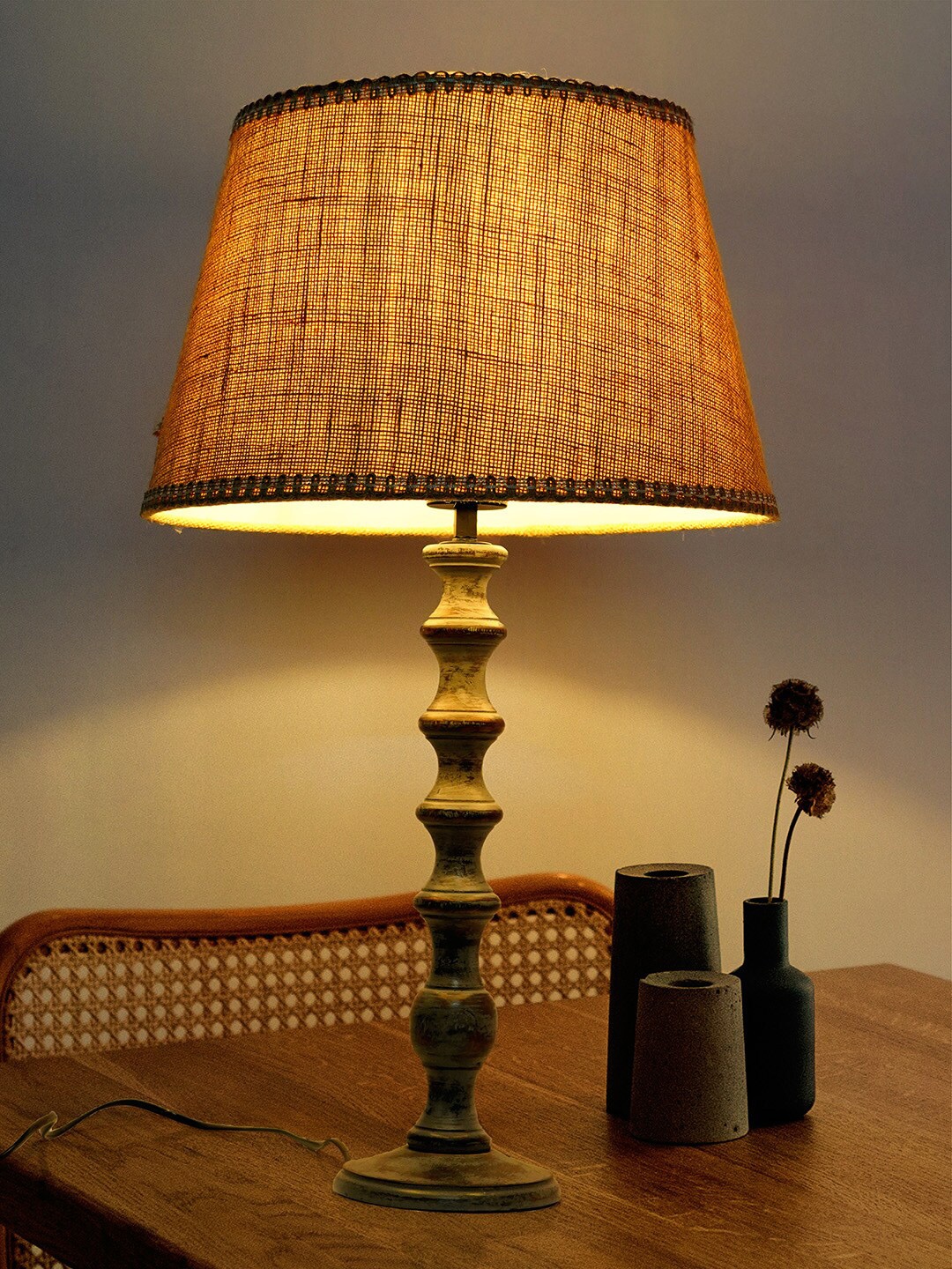 

Fos Lighting Grey & Beige Solid Wooden Table Lamp with Jute Shade