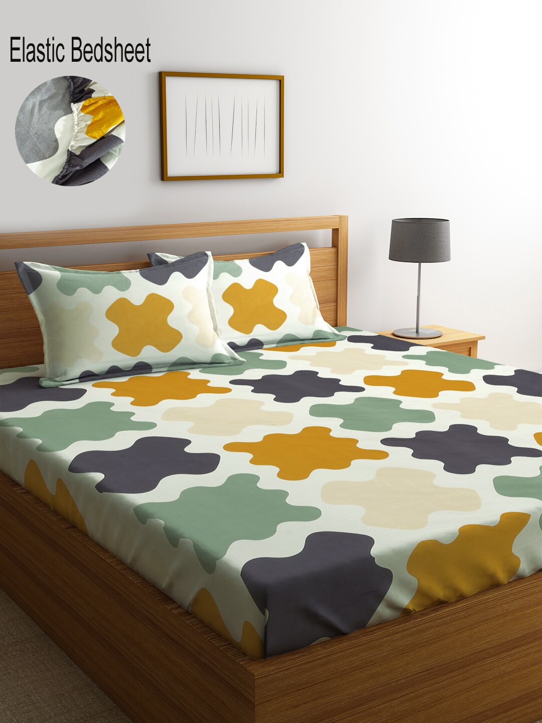 

KLOTTHE Multi Abstract 300 TC Cotton Blend Fitted Double Bedsheet Set, Orange