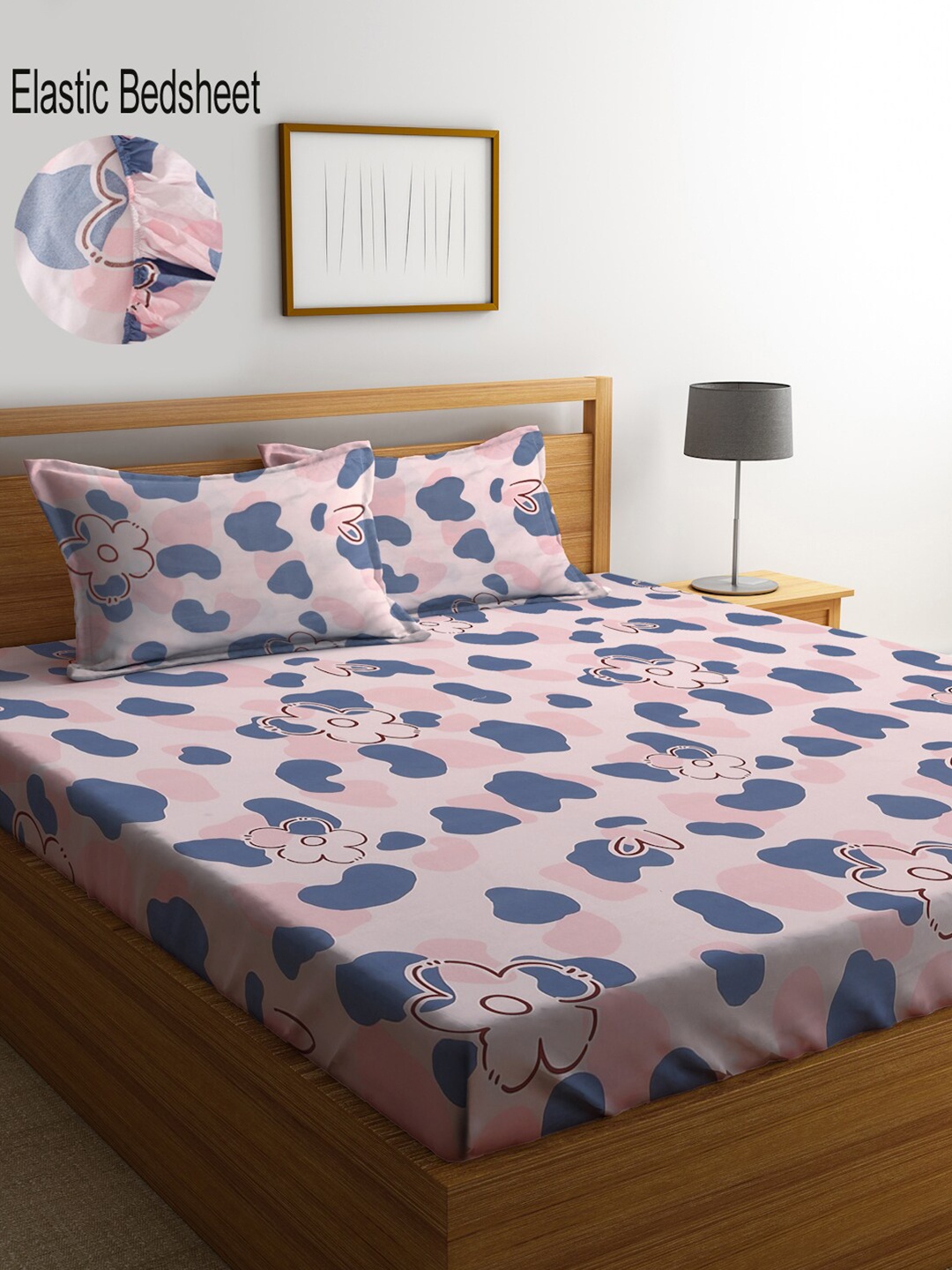 

KLOTTHE Floral 300 TC Fitted Double King Bedsheet Set with 2 Pillow covers, Pink