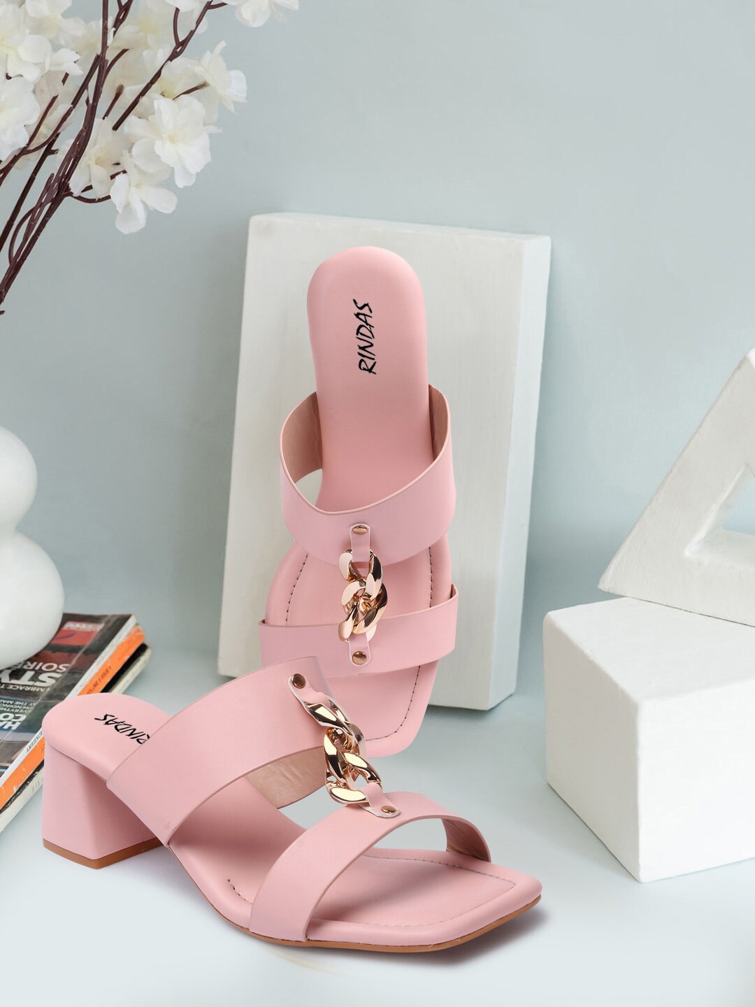 

RINDAS Pink Embellished Strappy Buckled Stylish Block Heels