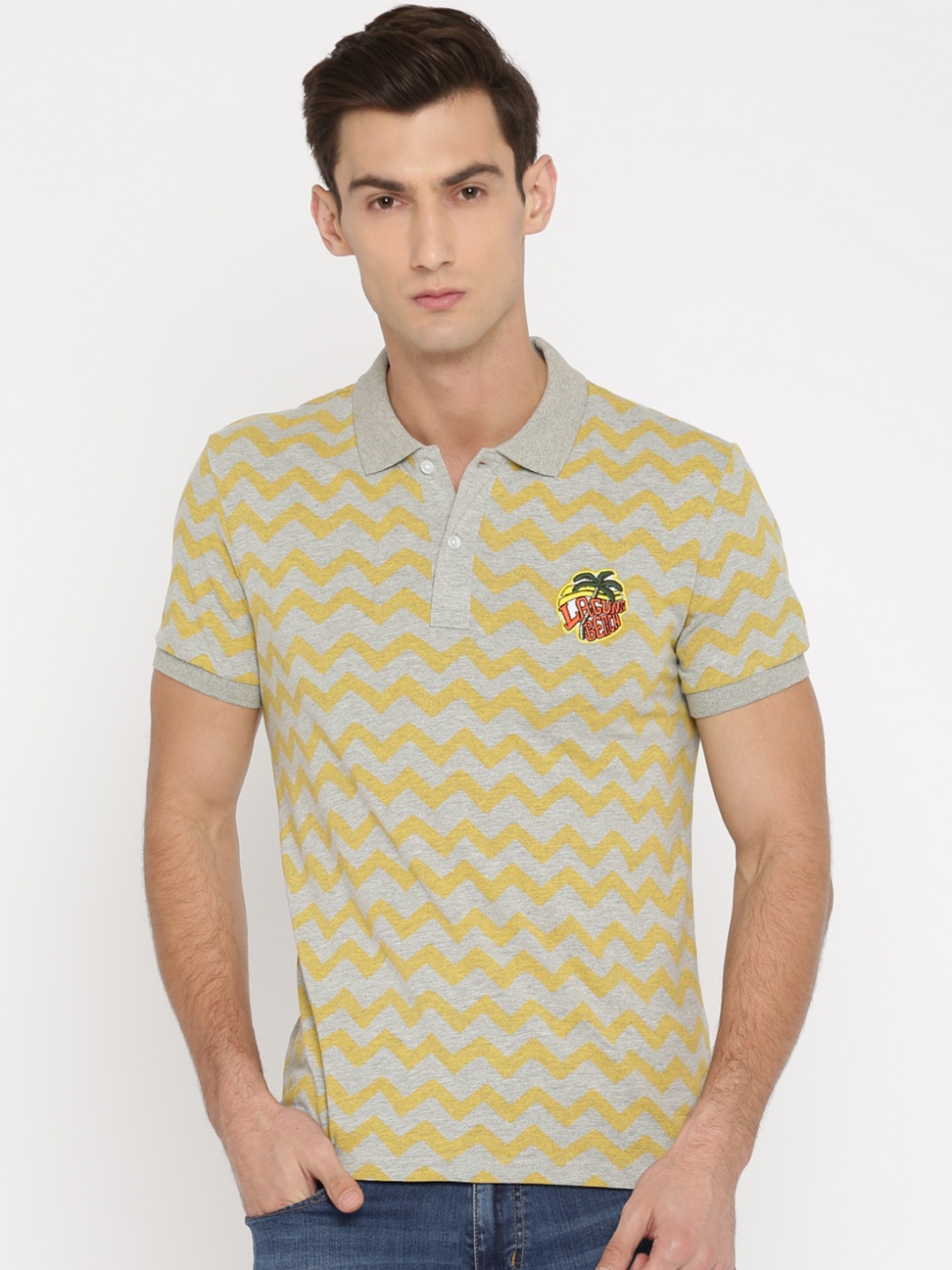 

Celio Men Grey Melange & Mustard Yellow Printed Polo Collar T-shirt