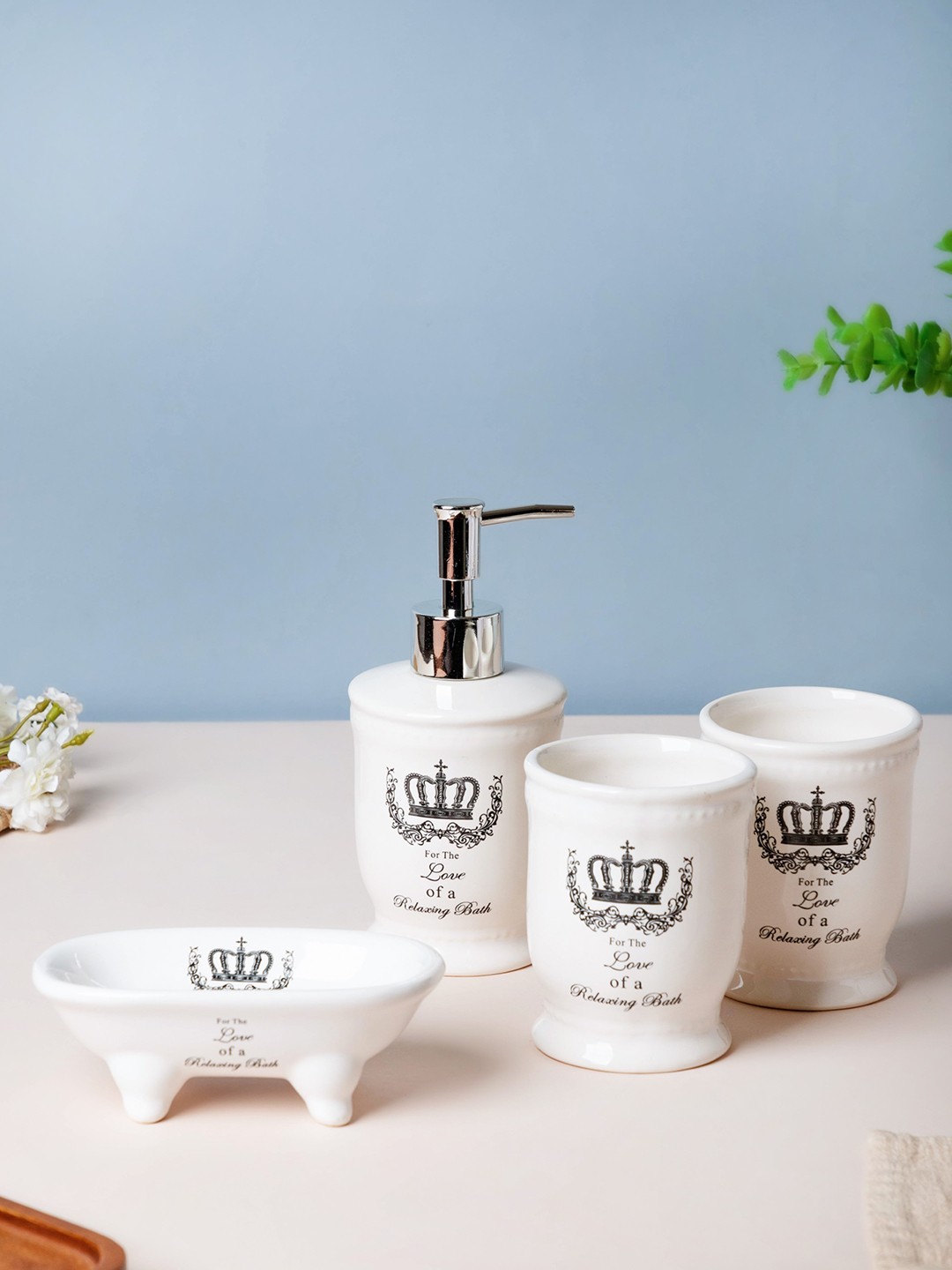 

Nestasia White Printed Pack of 4 Ceramic Bathroom Accessories Set