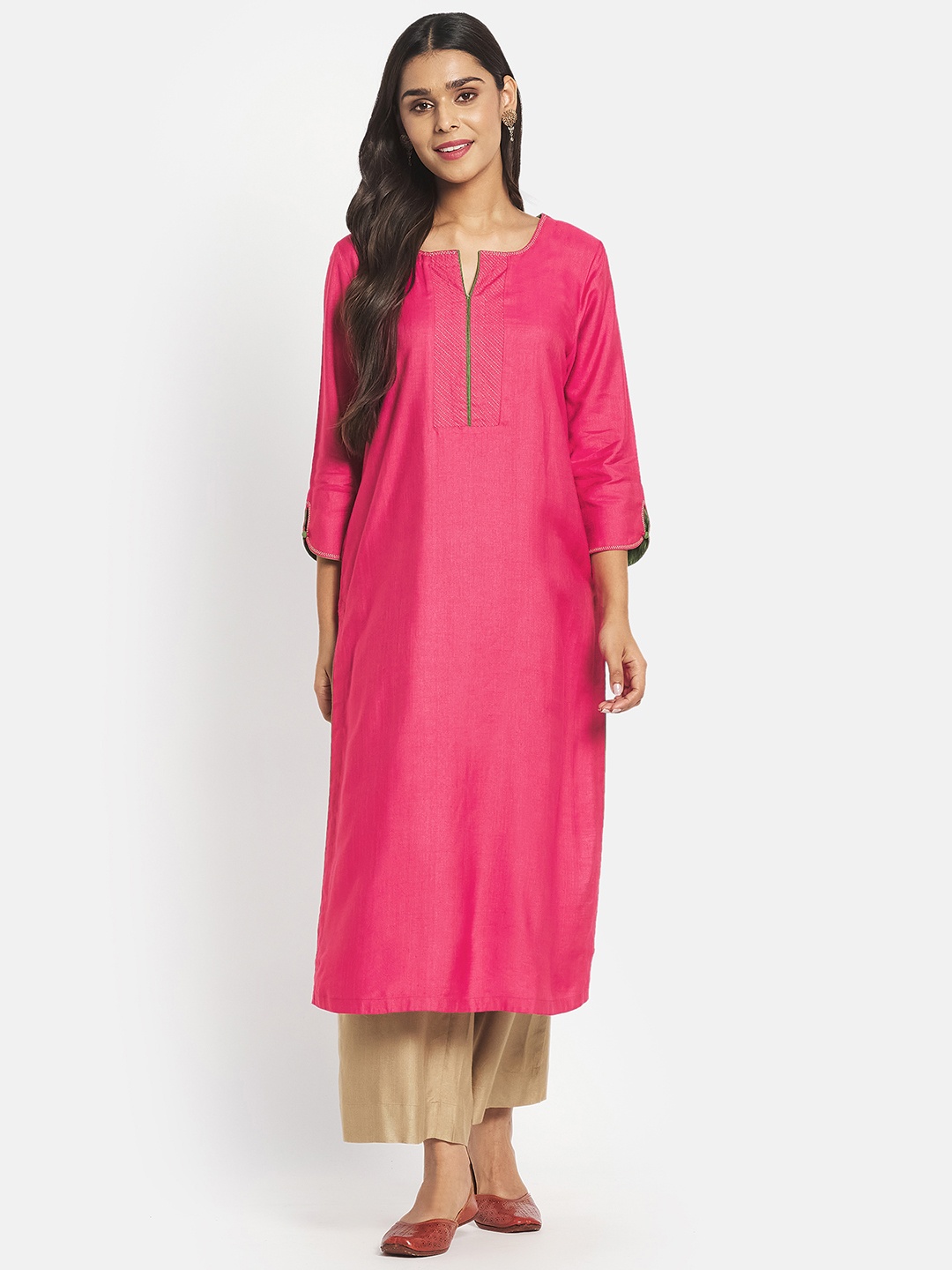 

Fabindia Women Pink Yoke Design Thread Work Kurta