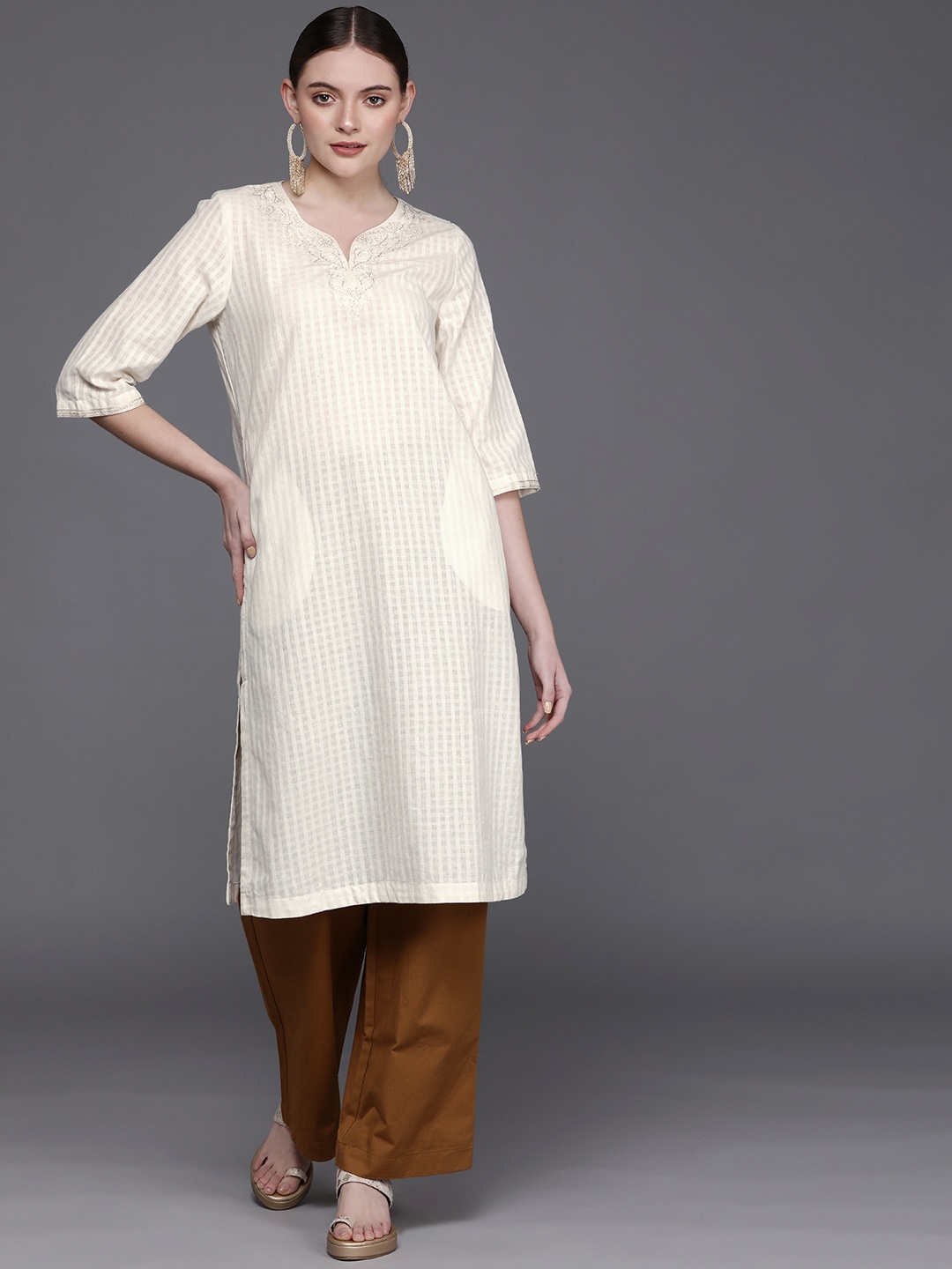 

Fabindia Women Off White Checked Cotton Kurta