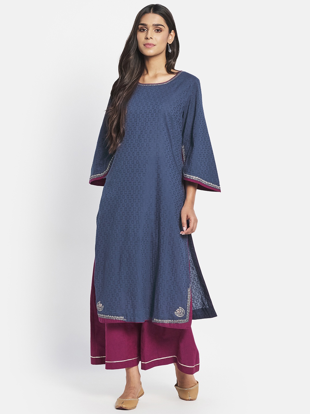 

Fabindia Women Navy Blue Ethnic Motifs Embroidered Pure Cotton Kurta with Palazzos