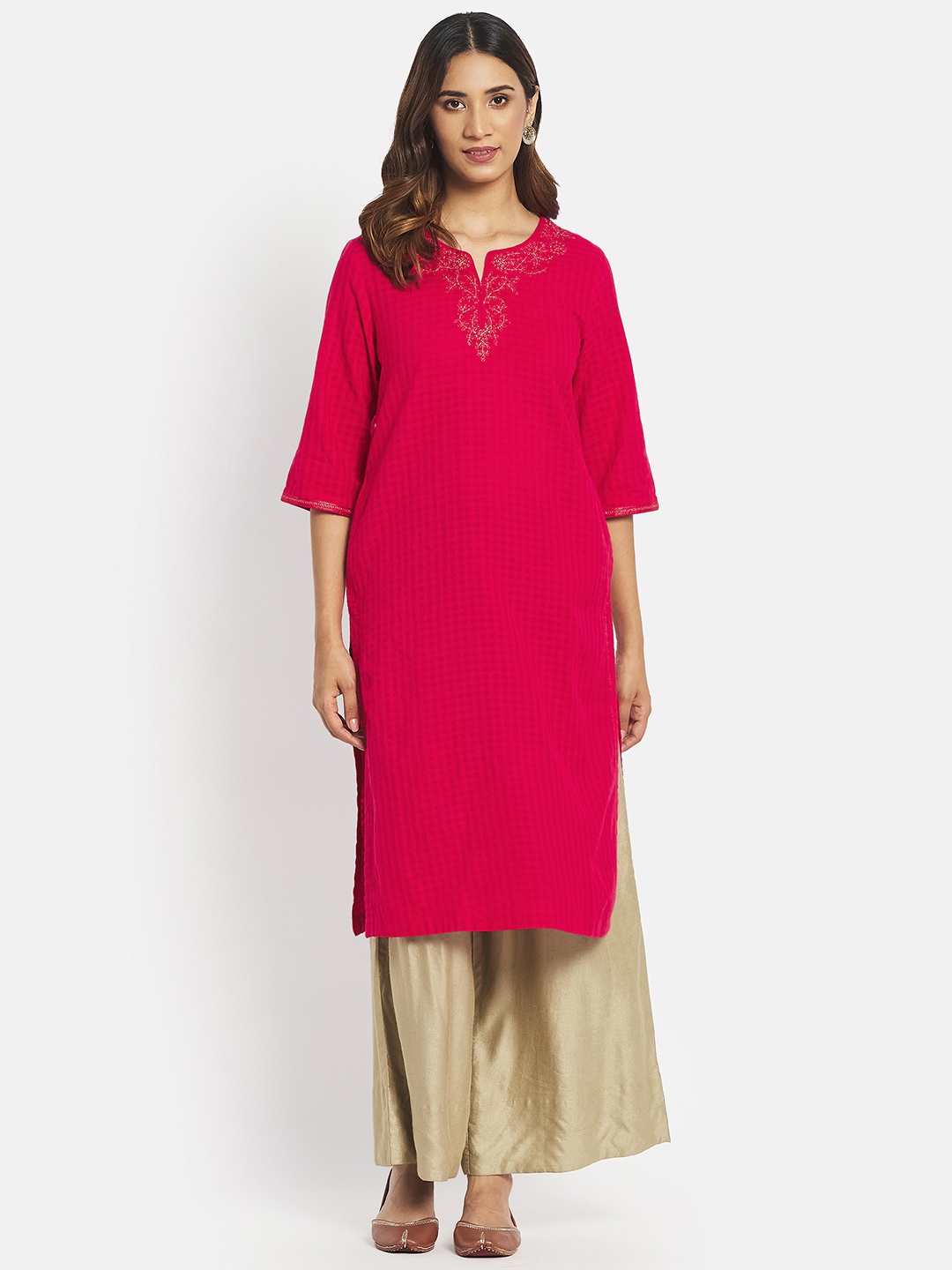 

Fabindia Women Fuchsia Pure Cotton Embroidered Detail Checked Kurta