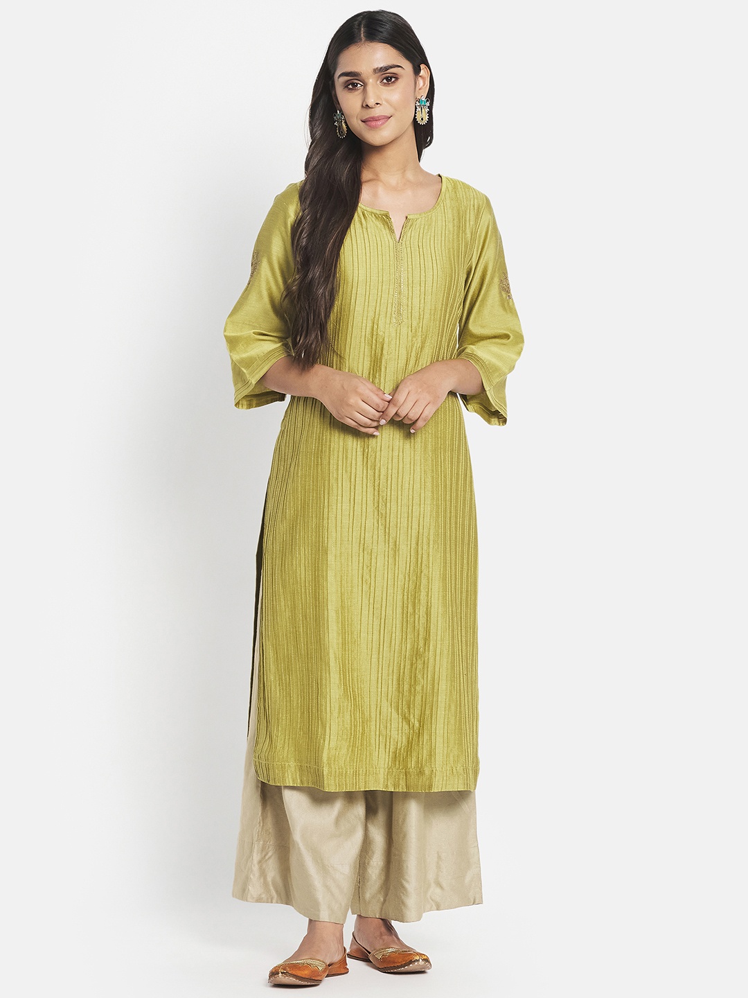 

Fabindia Women Green Embroidered Detail Pintucks Kurta