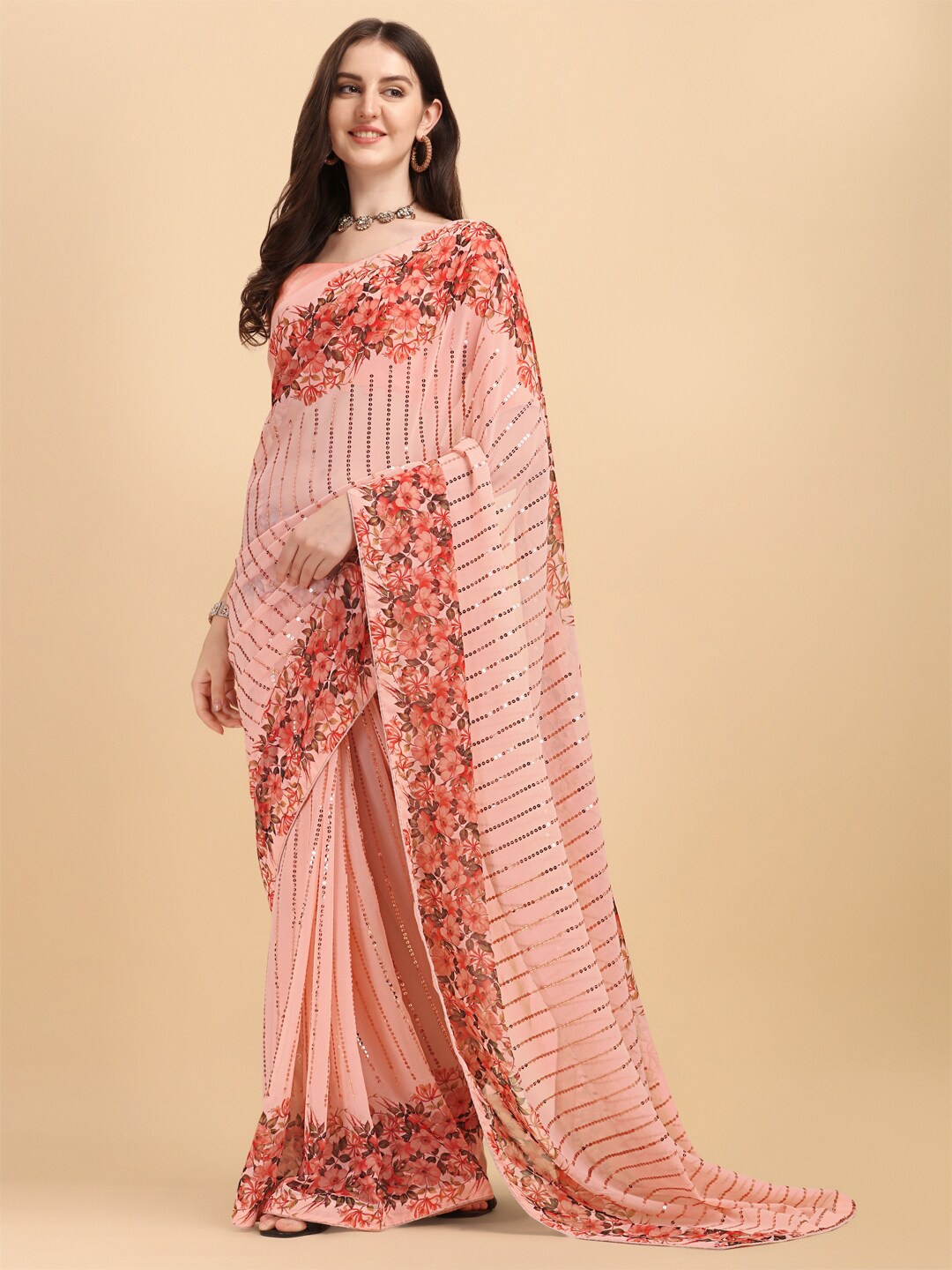

Fab Viva Peach-Coloured Floral Sequinned Pure Georgette Saree