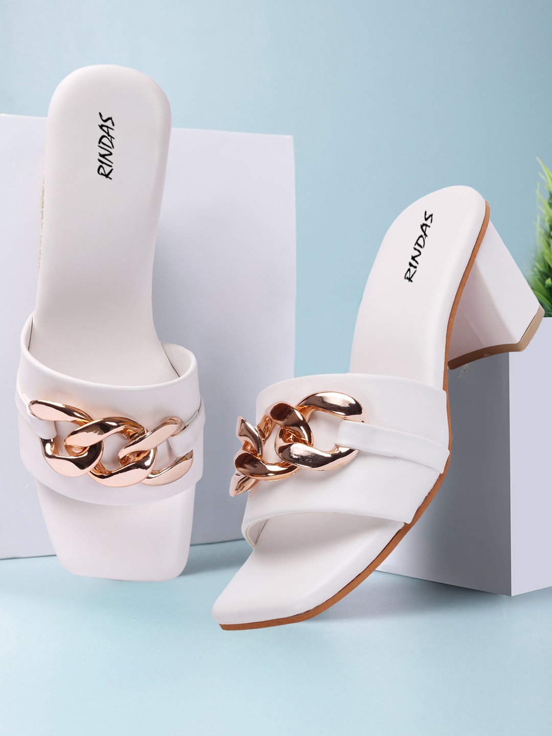 

RINDAS Women White & Gold-Toned Party Block Heels