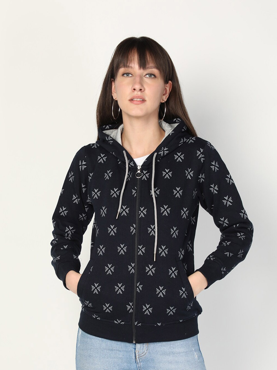 

PROTEX Women Navy Blue Printed Hooded Sweatshirt