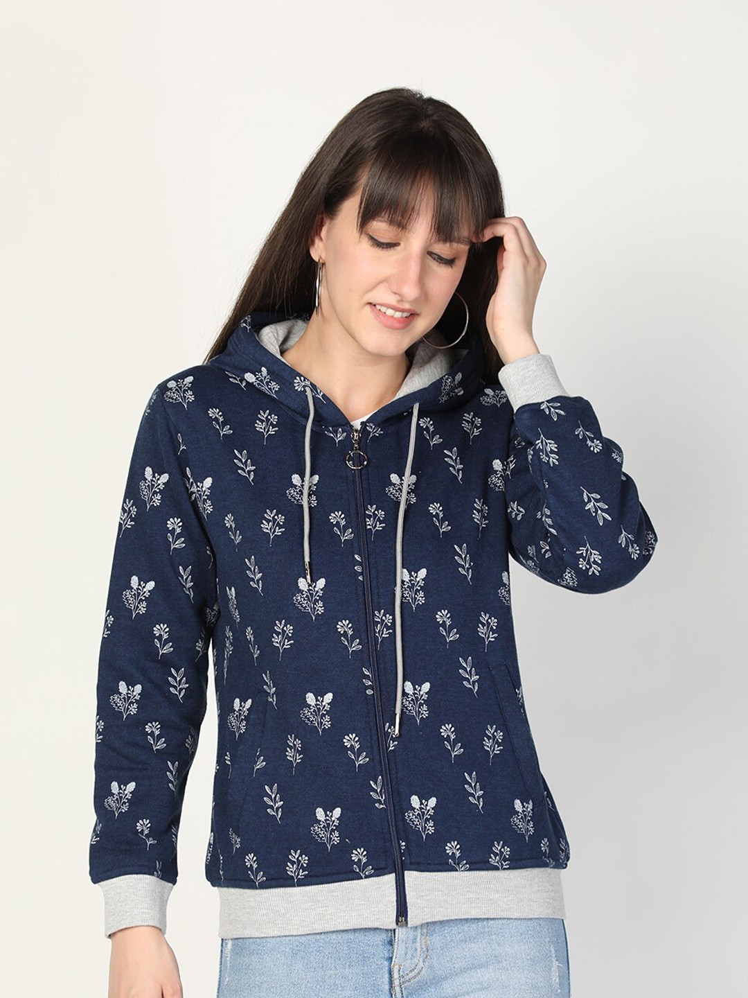 

PROTEX Women Blue Printed Hooded Sweatshirt