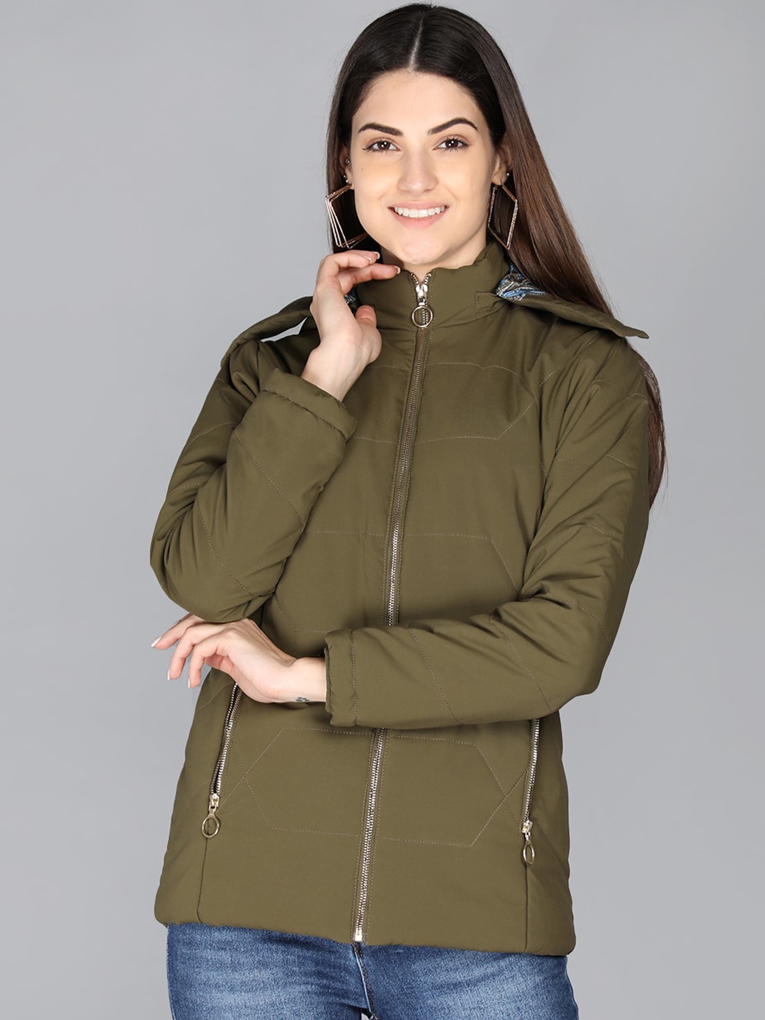 

PROTEX Women Olive Green Longline Outdoor Puffer Jacket