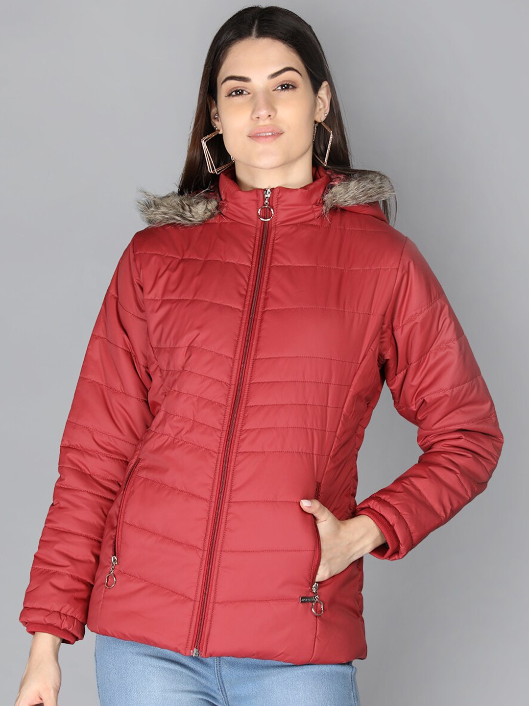 

PROTEX Women Maroon Striped Longline Outdoor Puffer Jacket
