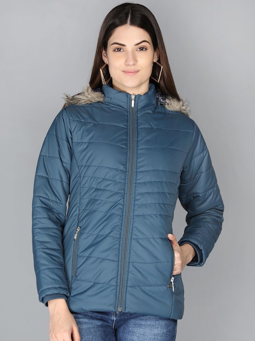 

PROTEX Women Teal Floral Longline Outdoor Denim Jacket