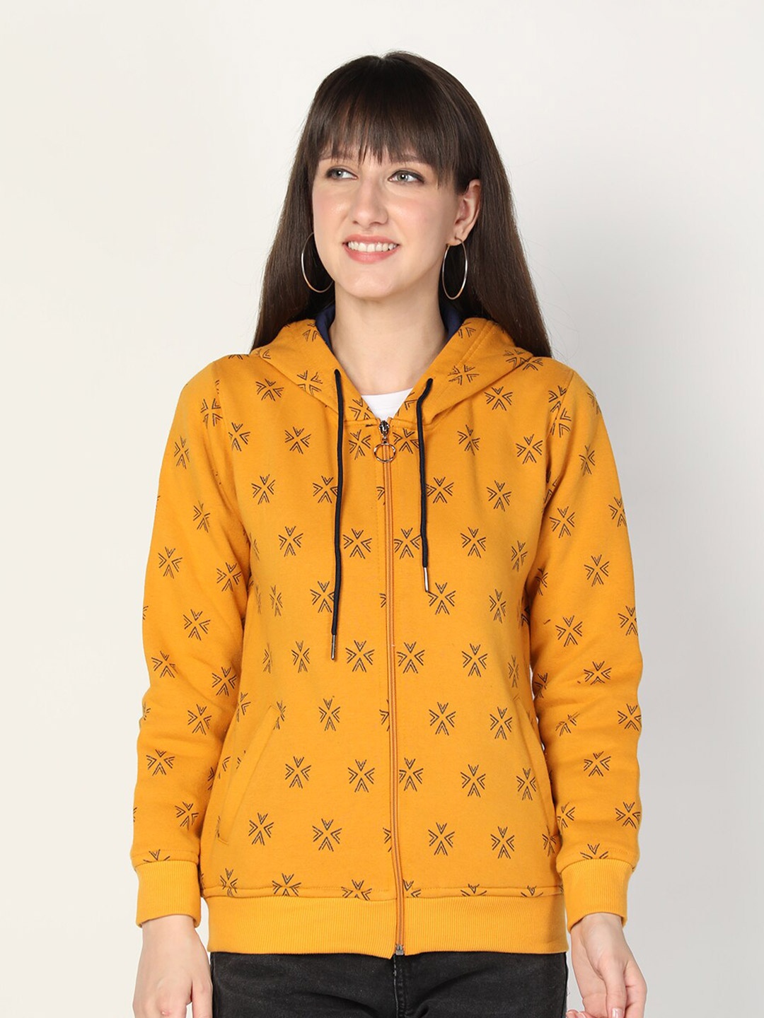 

PROTEX Women Mustard Printed Hooded Sweatshirt