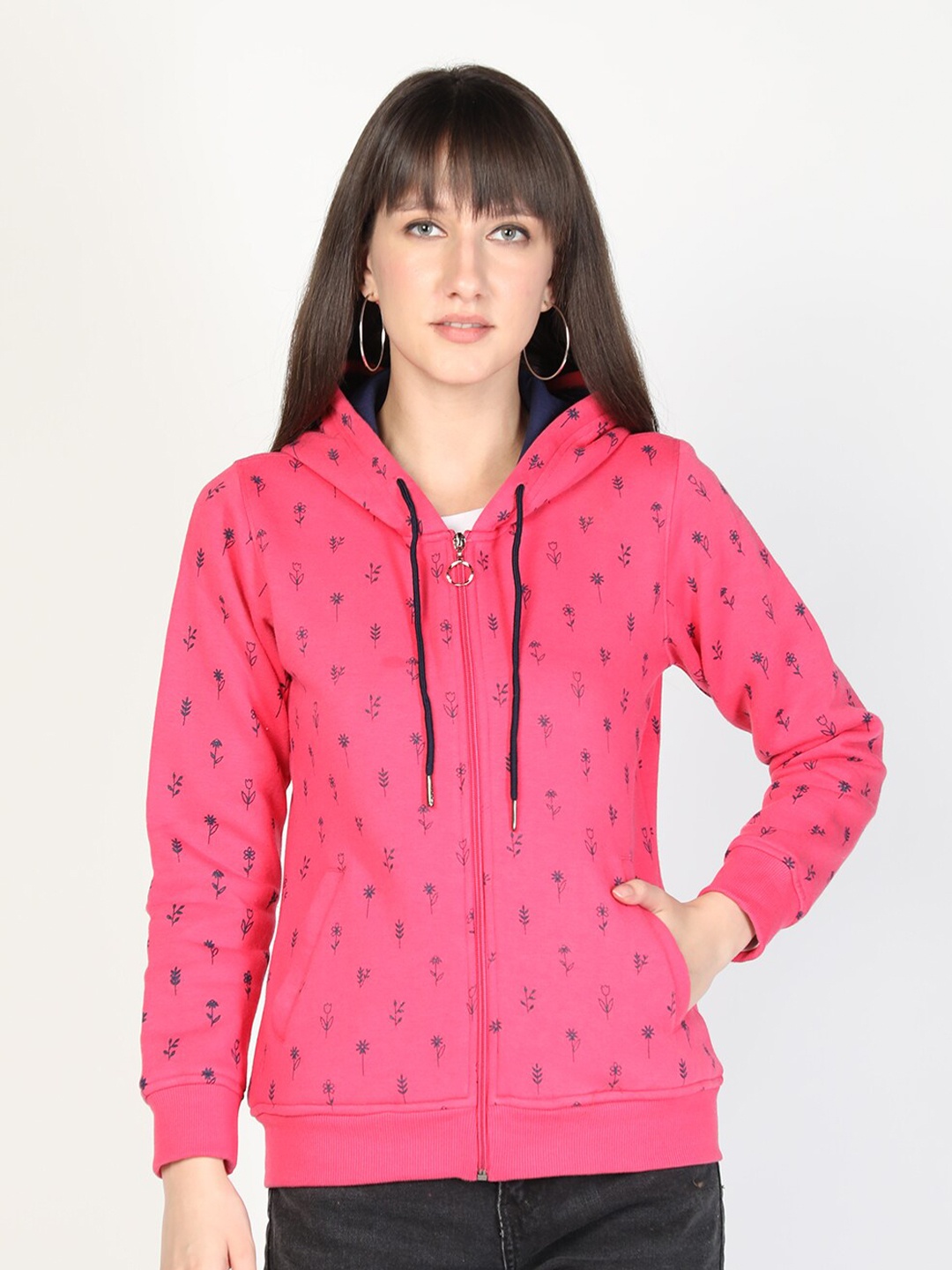 

PROTEX Women Pink Floral Printed Winter Hooded Sweatshirt