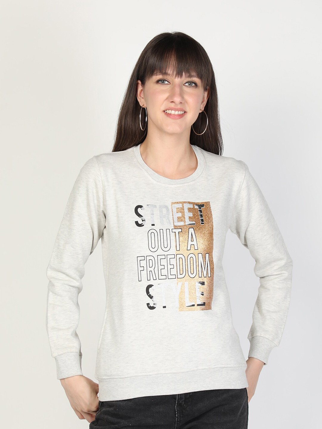 

PROTEX Women Off White Typography Printed Sweatshirt