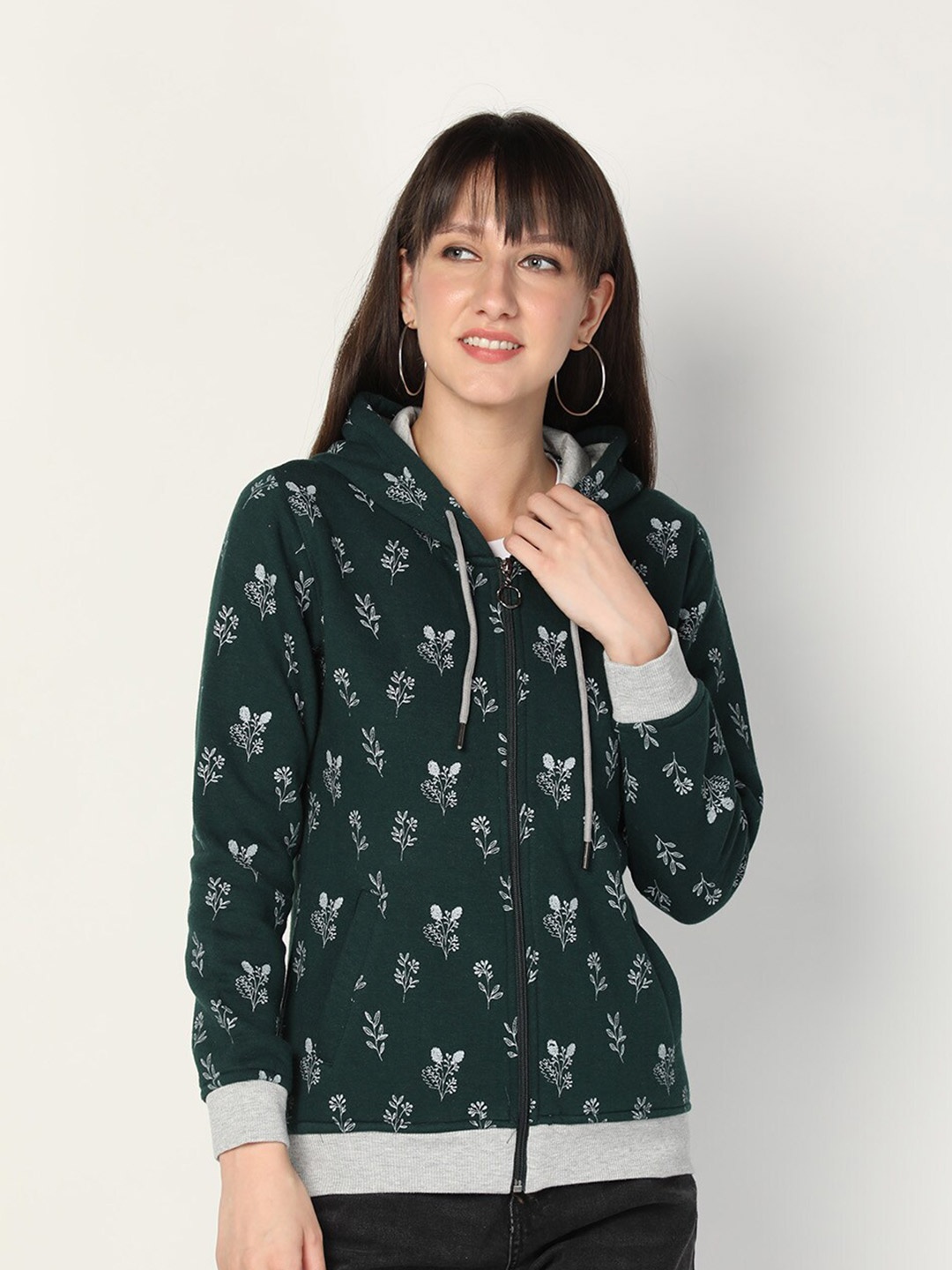 

PROTEX Women Green & Grey Printed Hooded Sweatshirt