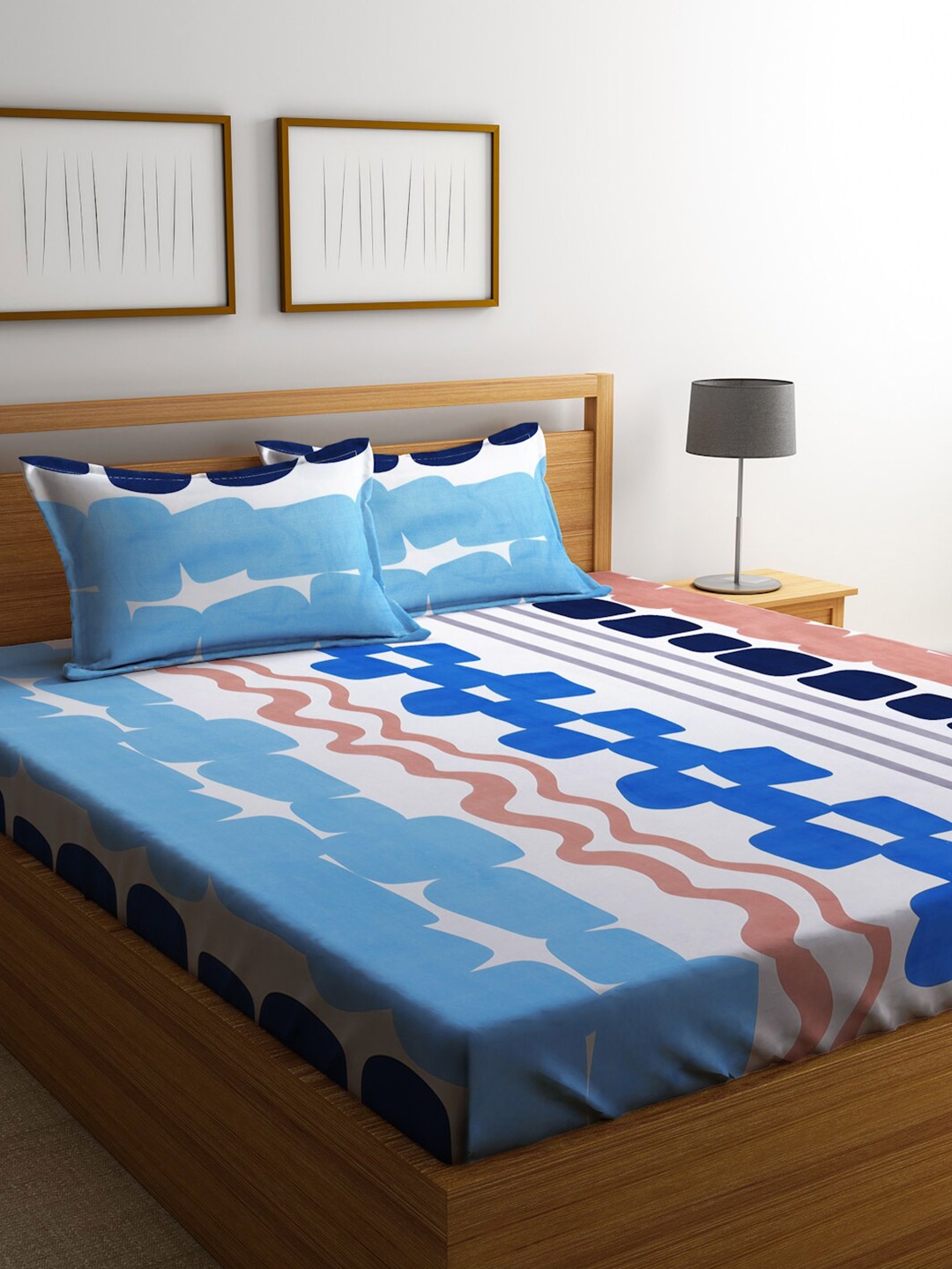 

KLOTTHE Multi Abstract 300 TC Double King Bedsheet Set & 2 pillow covers, Navy blue
