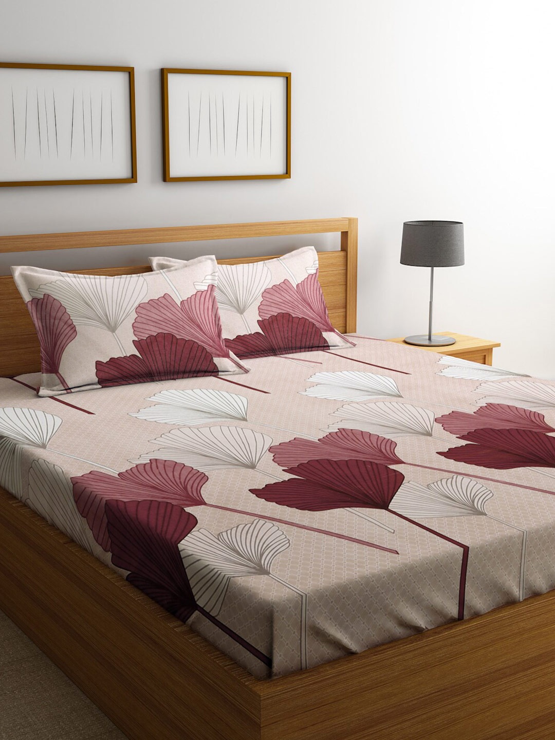 

KLOTTHE Beige Floral 300 TC Pure Cotton Blend Double King Bedsheet Set