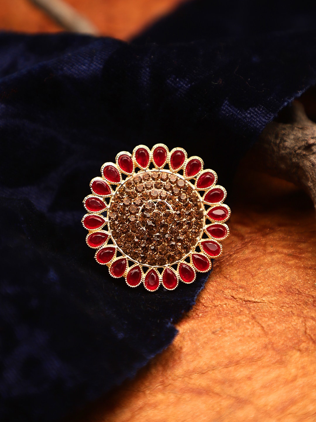 

CARDINAL Gold-Toned & Red Stone-Studded Adjustable Finger Ring