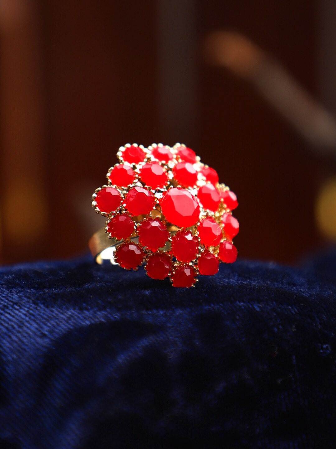 

CARDINAL Gold-Toned Red Stone Studded & Beaded Adjustable Finger Ring