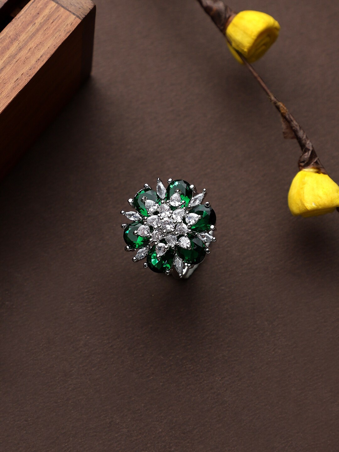

CARDINAL Women Green & Silver-Toned American Diamond Studded Adjustable Ring