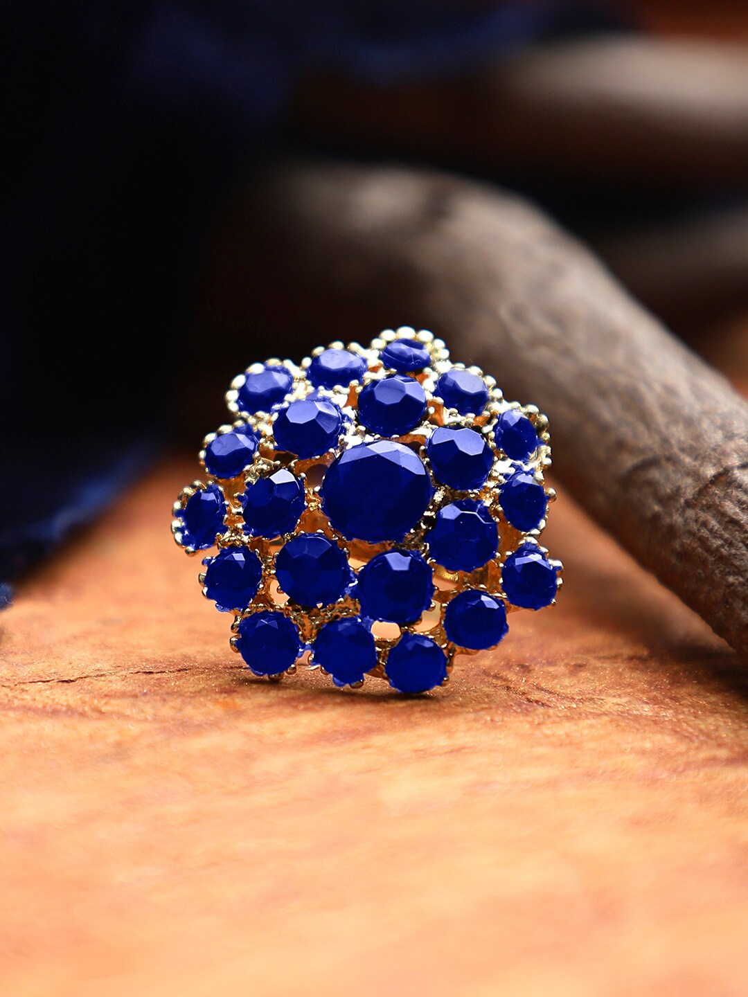 

CARDINAL Gold-Toned & Blue Stone Studded Mushroom Adjustable Finger Ring