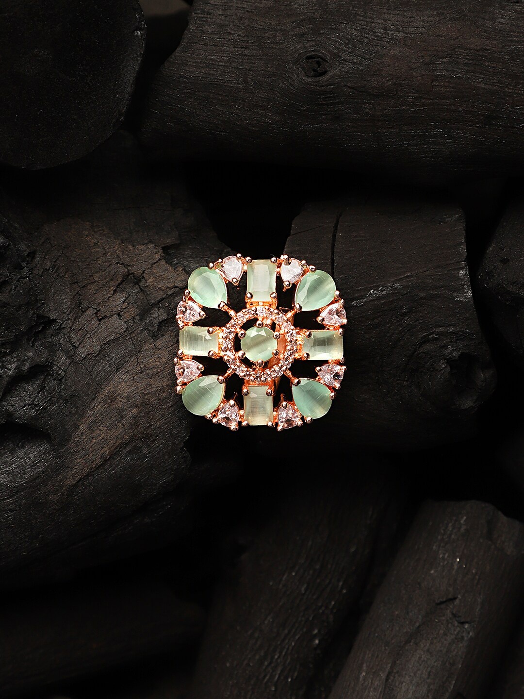 

CARDINAL Rose Gold-Toned & Green AD Studded Finger Ring