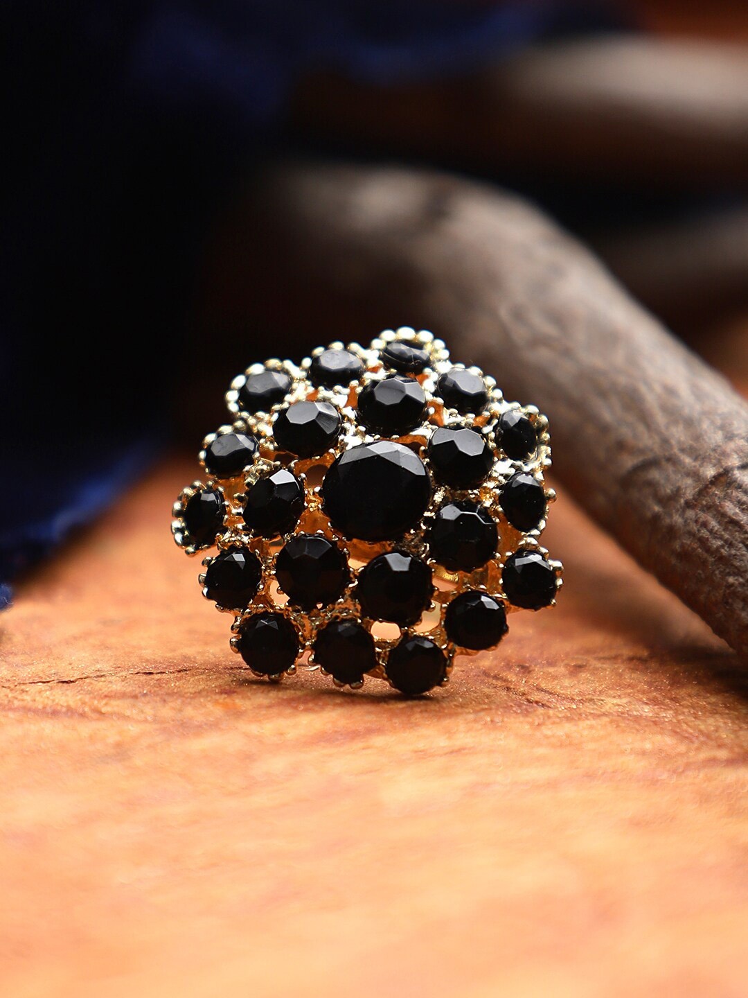 

CARDINAL Gold-Toned & Black Stone Studded Adjustable Finger Ring