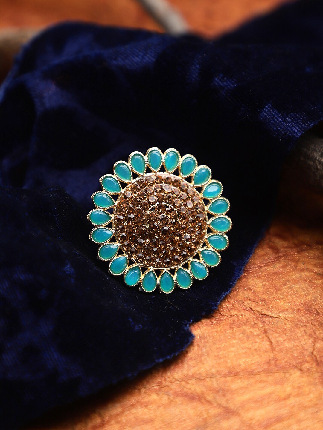 

CARDINAL Gold-Toned & Blue Stone Studded Adjustable Finger Ring