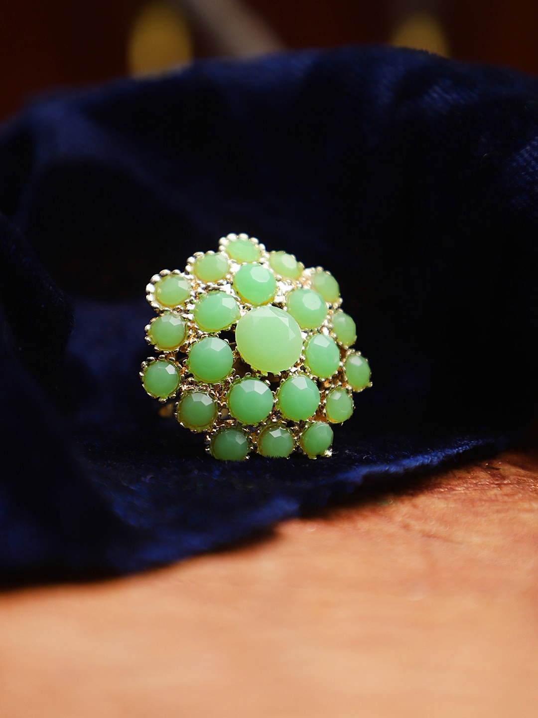 

CARDINAL Gold-Toned & Green Stone Studded Adjustable Finger Ring