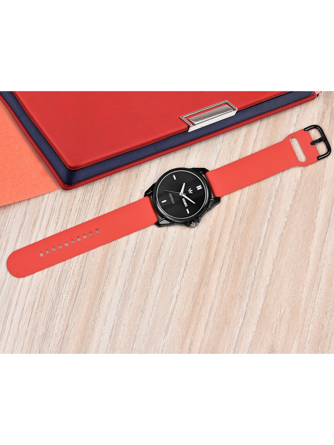 

CRESTELLO Men Black Brass Dial & Red Straps Analogue Watch