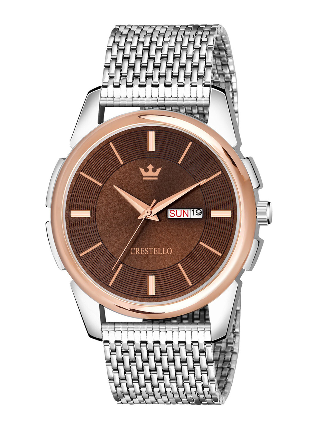 

CRESTELLO Men Brown Brass Dial & Silver Toned Bracelet Style Straps Analogue Watch