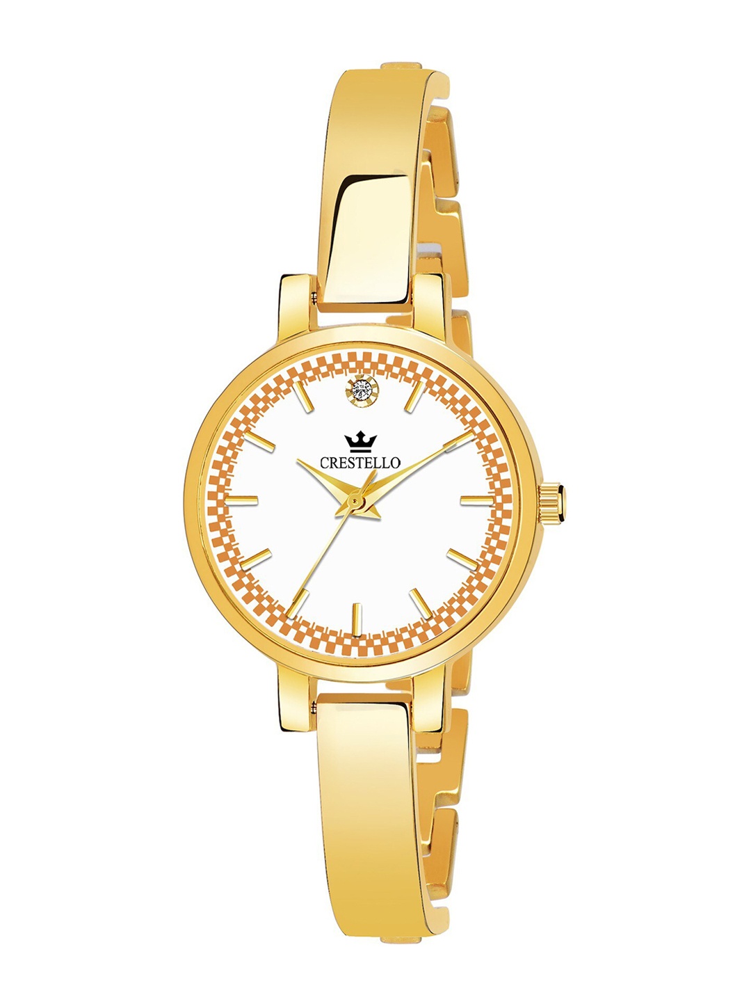 

CRESTELLO Women White Brass Embellished Dial & Gold Toned Bracelet Style Straps Analogue Watch