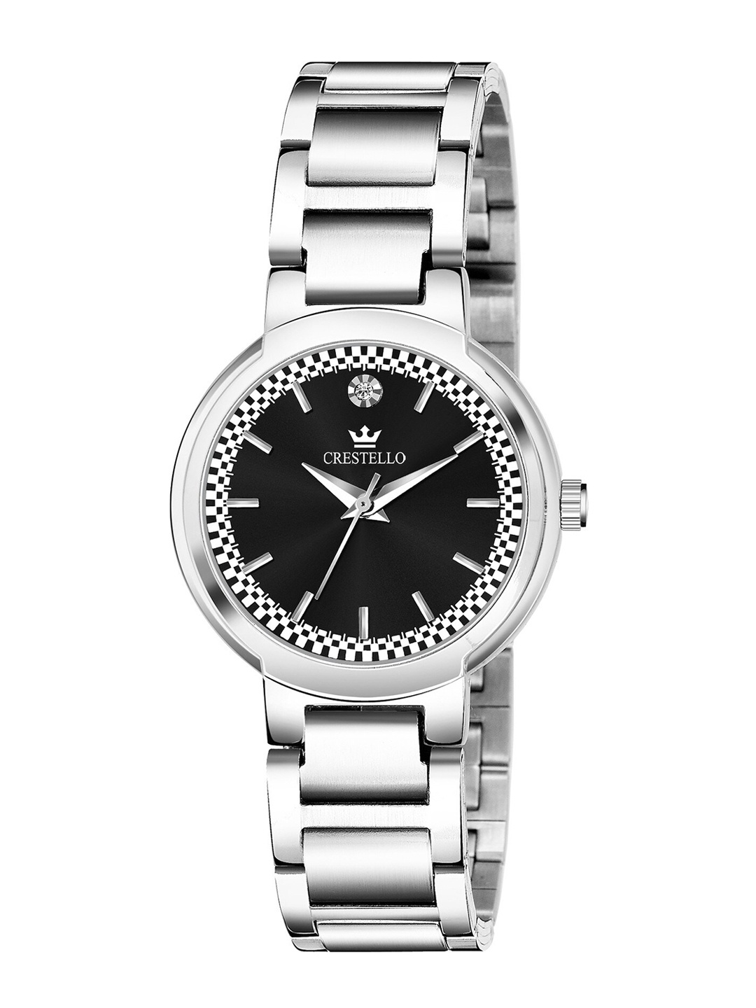 

CRESTELLO Women Black Brass Embellished Dial & Silver Toned Stainless Steel Bracelet Style Straps Analogue Watch