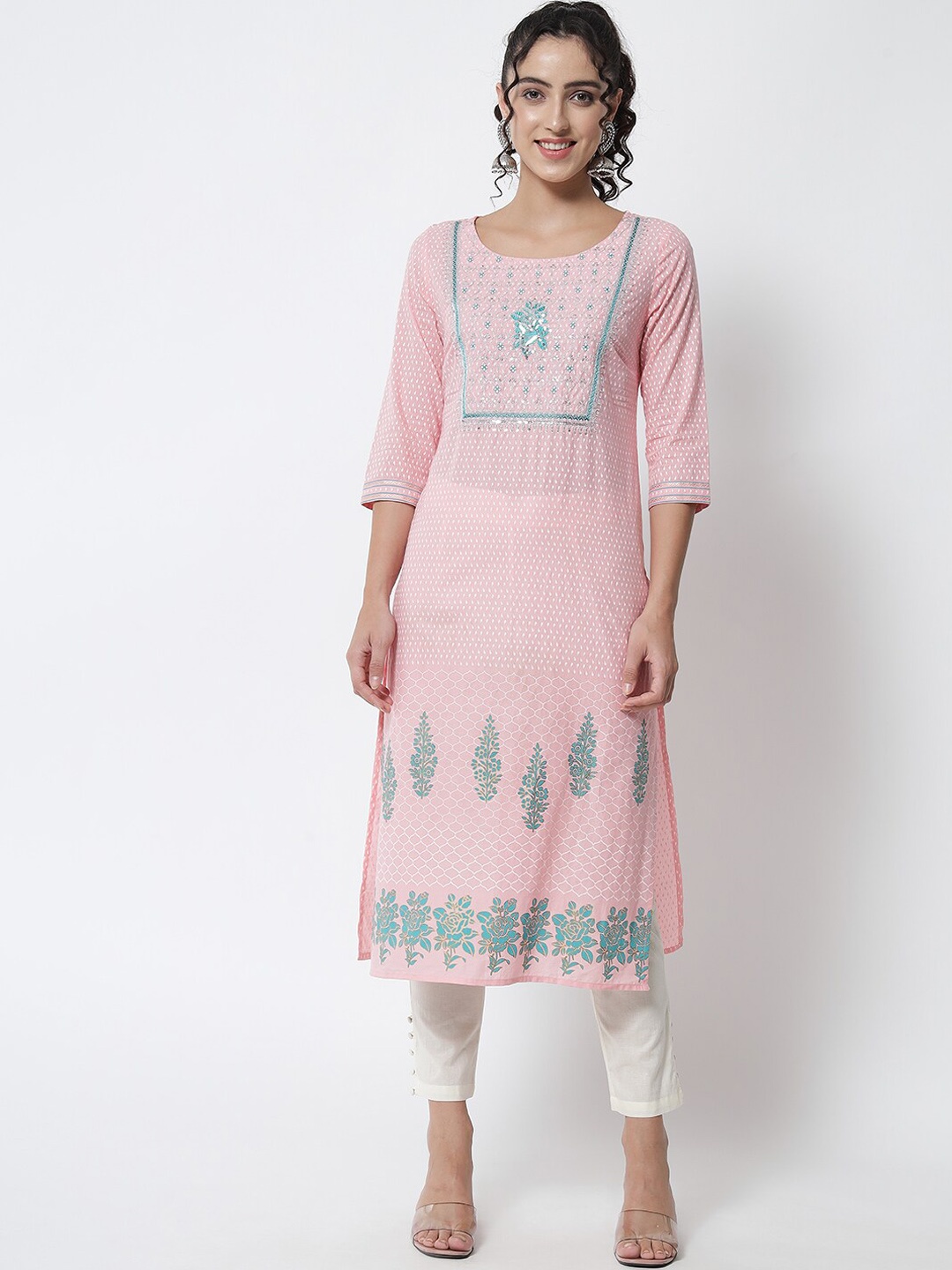 

Yaadleen Women Pink Floral Embroidered Pure Cotton Kurti with Trousers