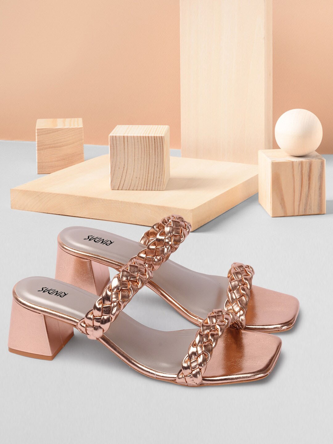 

RINDAS Women Copper-Toned Embellished Party Block Heels Sandals