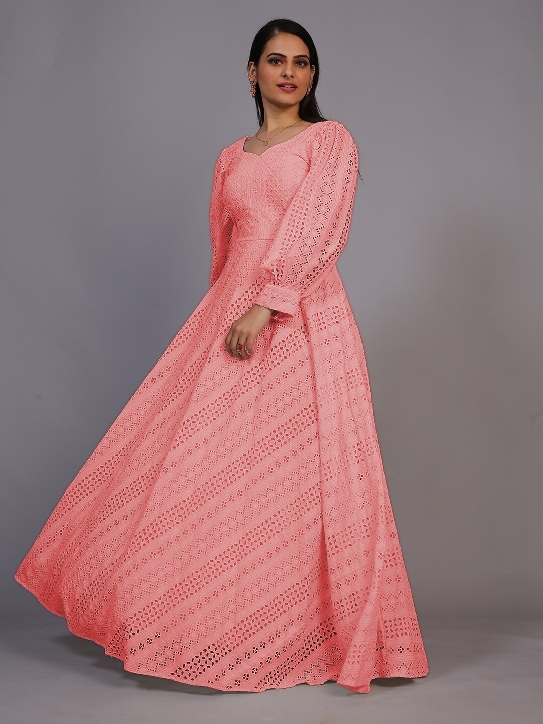 

PRENEA Women Peach-Coloured Bishop Sleeved Maxi Schiffli Dress