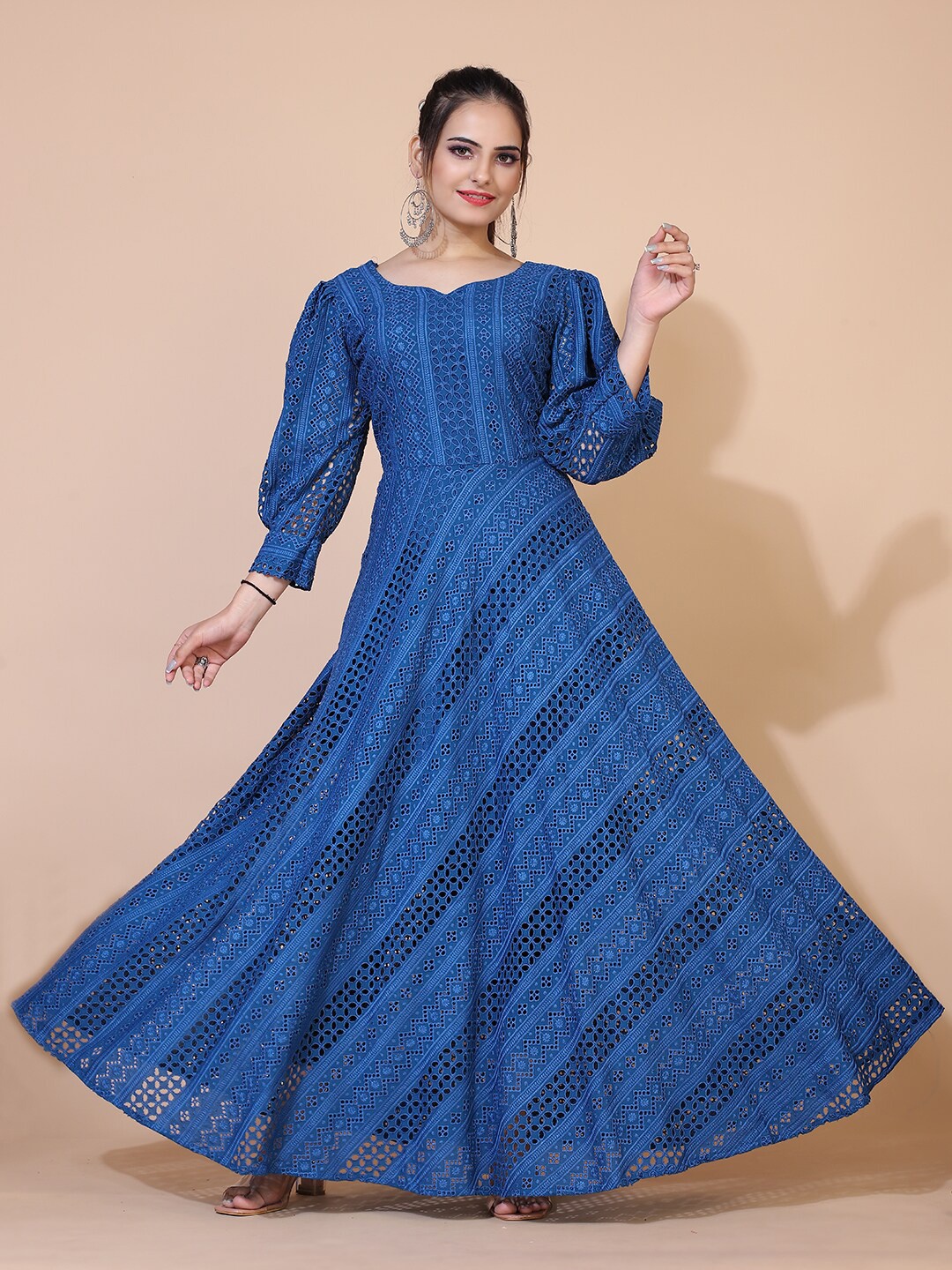 

PRENEA Women Blue Bishop Sleeved Maxi Schiffli Dress