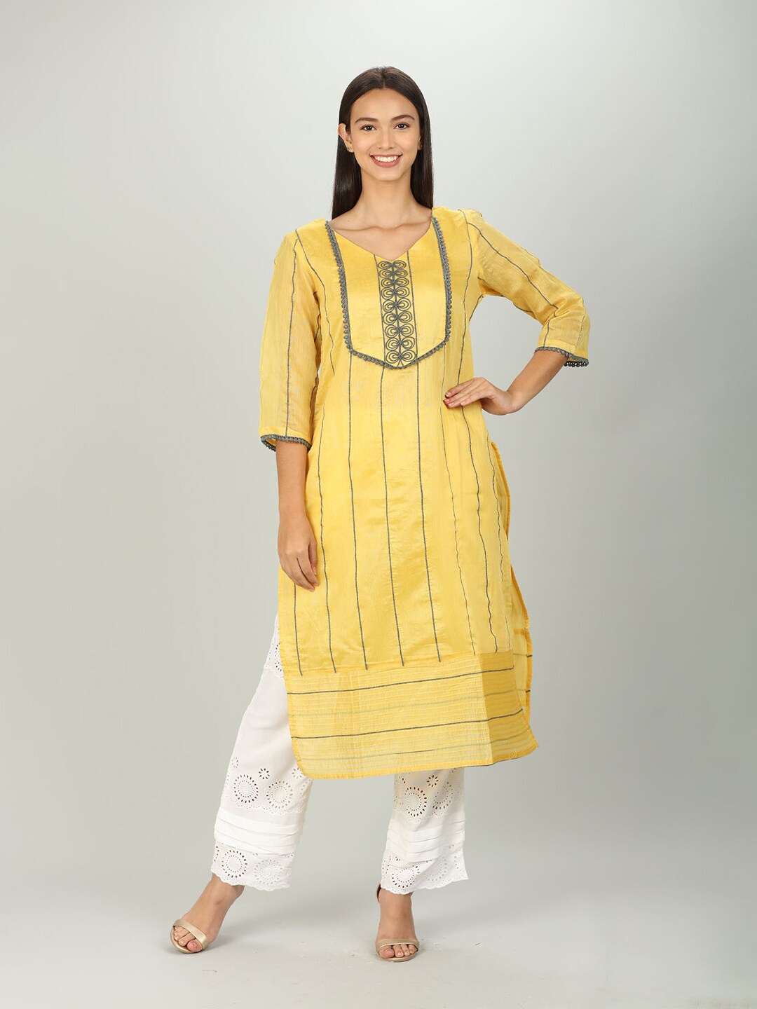 

Mustard Women Yellow Striped Embroidered Floral Kurta