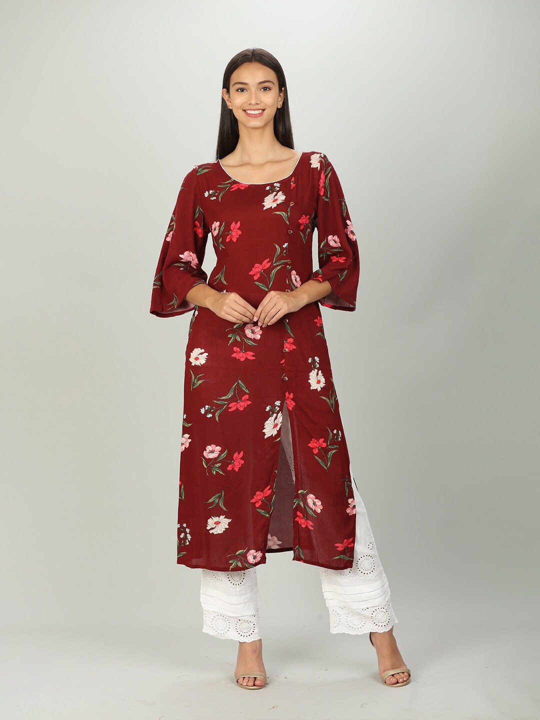 

Mustard Women Maroon & Green Floral Printed Flared Sleeves Crepe Kurta