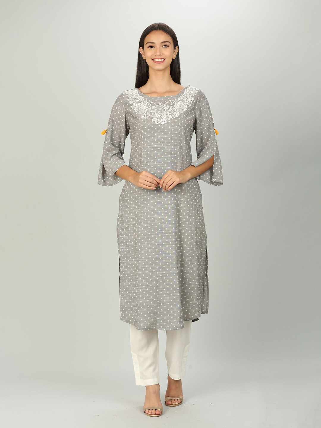 

Mustard Women Grey Printed Thread Work Kurta