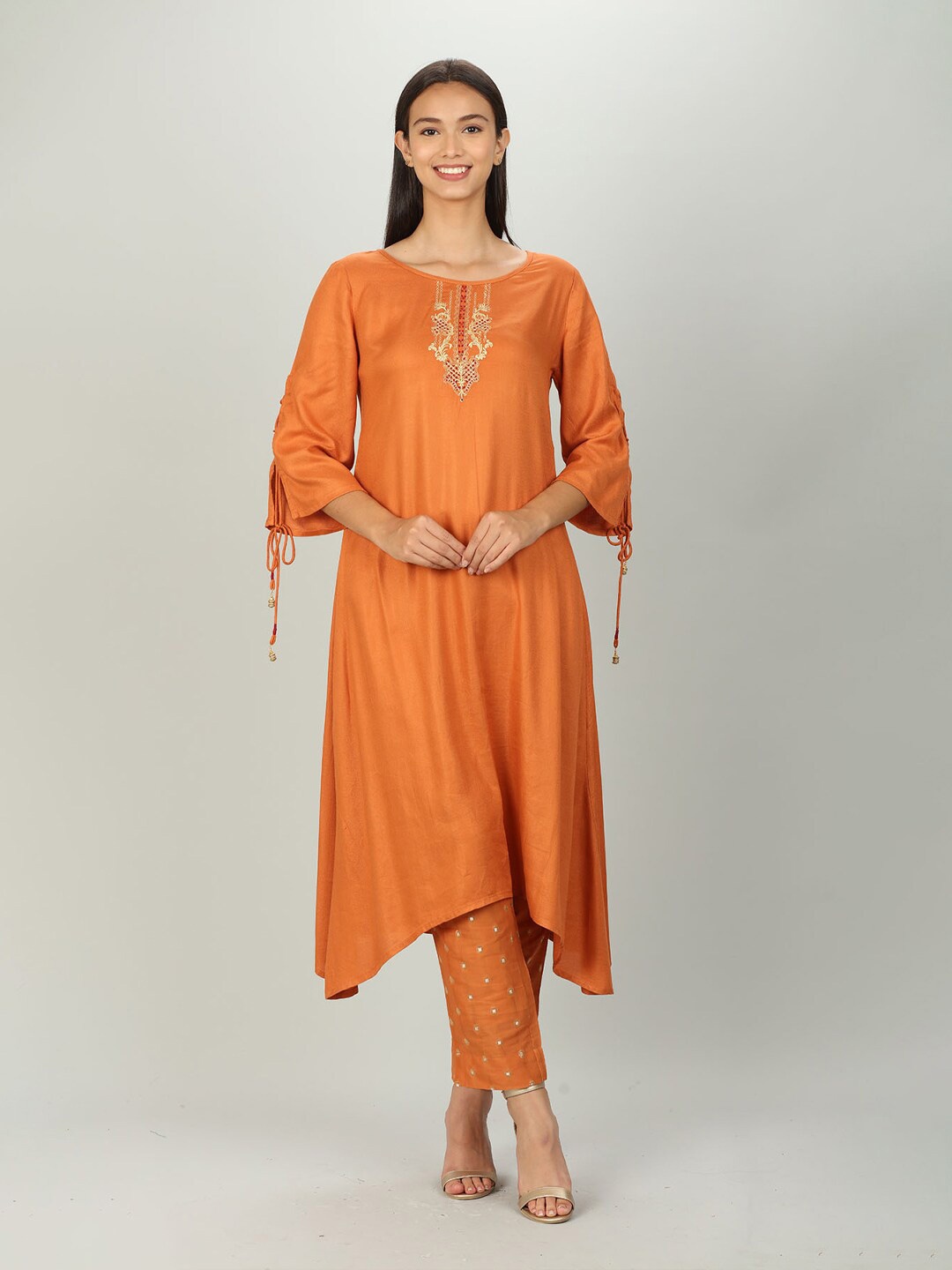 

Mustard Women Orange Ethnic Motifs Embroidered Kurta