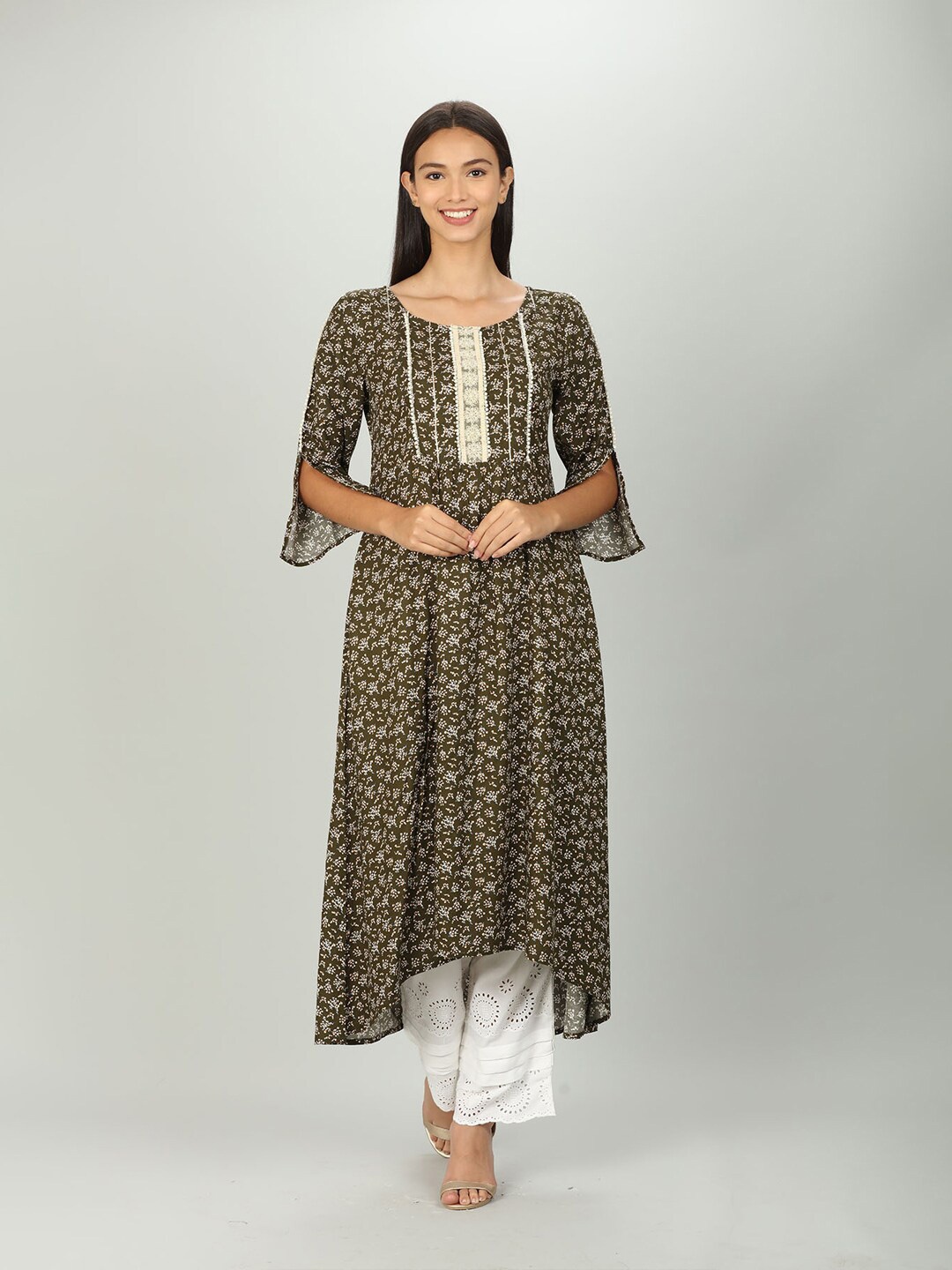 

Mustard Women Green Floral Printed Kurta