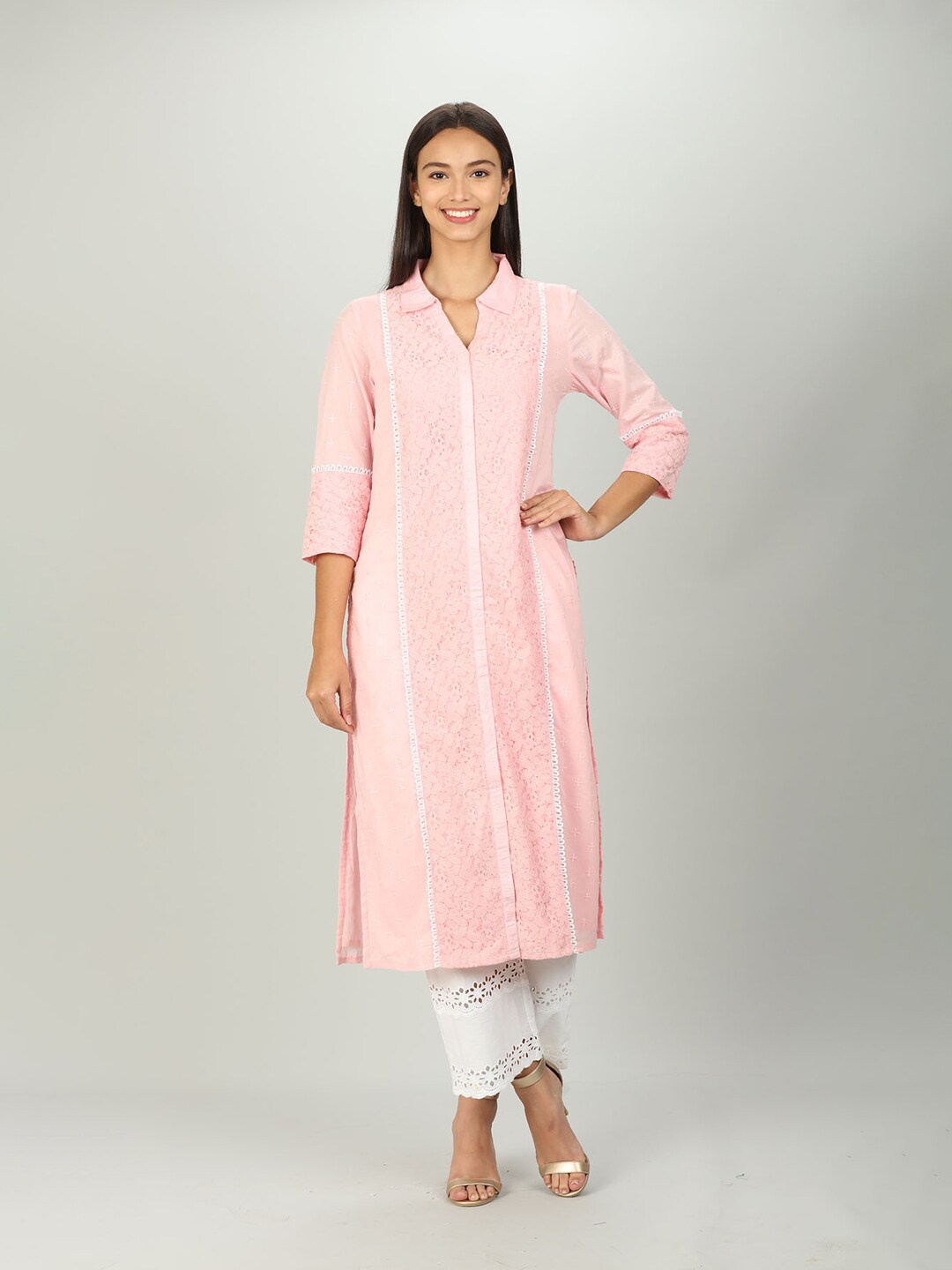 

Mustard Women Pink Floral Embroidered Kurta