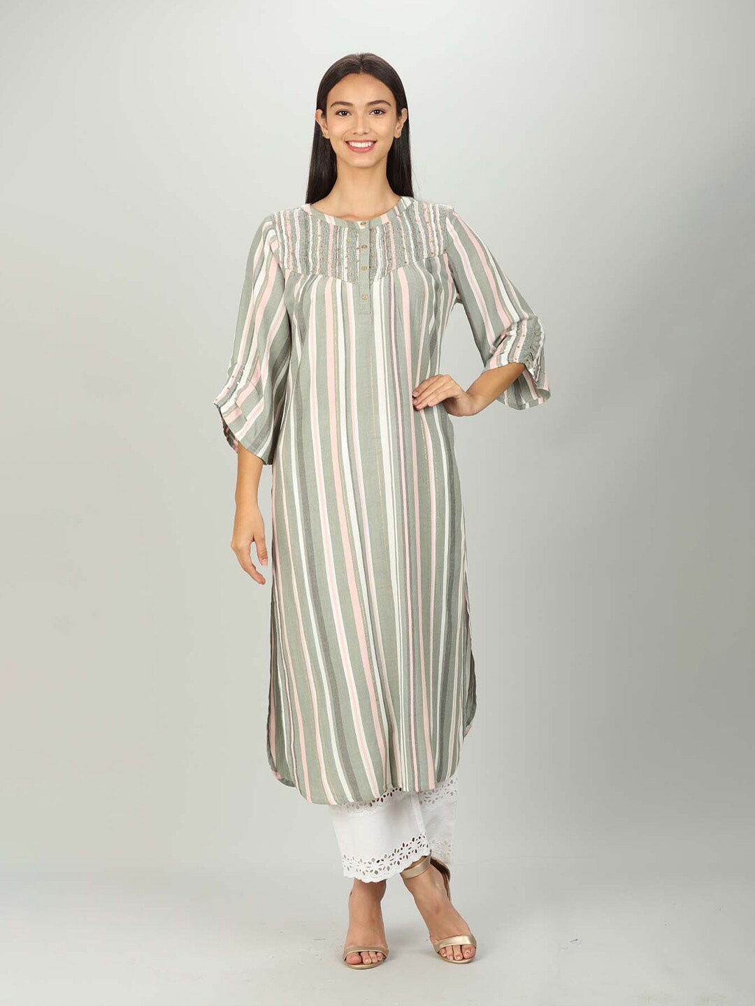 

Mustard Women Olive Green & Pink Striped Bell Sleeves Kurta