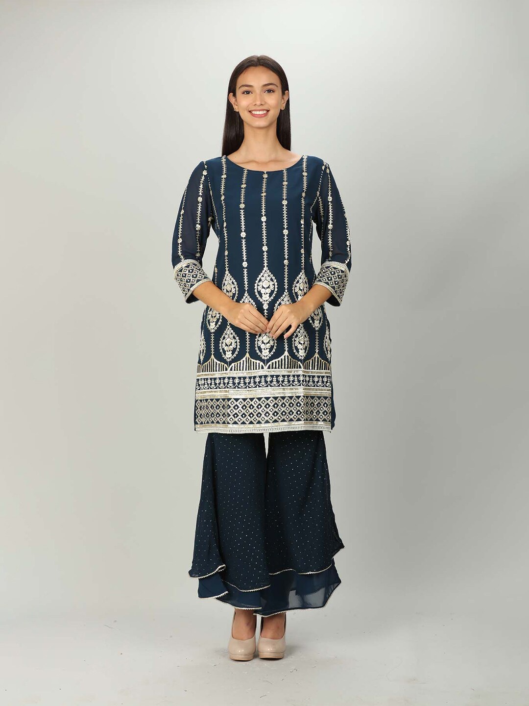 

Mustard Blue & Gold-Toned Ethnic Motifs Embroidered Pure Georgette Kurti